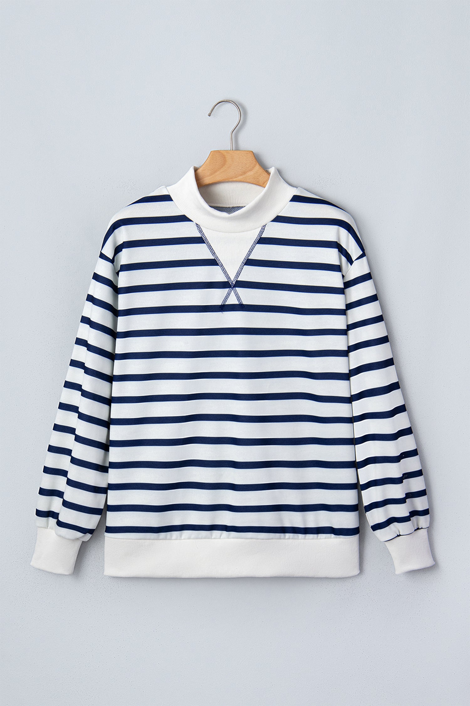 Striped Stand Neck Long Sleeve Ribbed Cuff Hem Sweatshirt – Blue Stripe