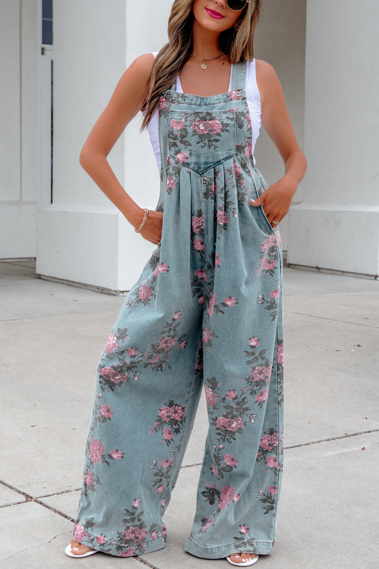 Floral Print Pleated Wide Leg Denim Jumpsuit – High Waist