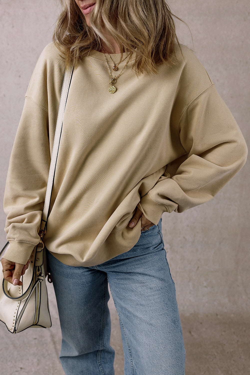Parchment Solid Loose Crew Neck Fleece Sweatshirt eAura