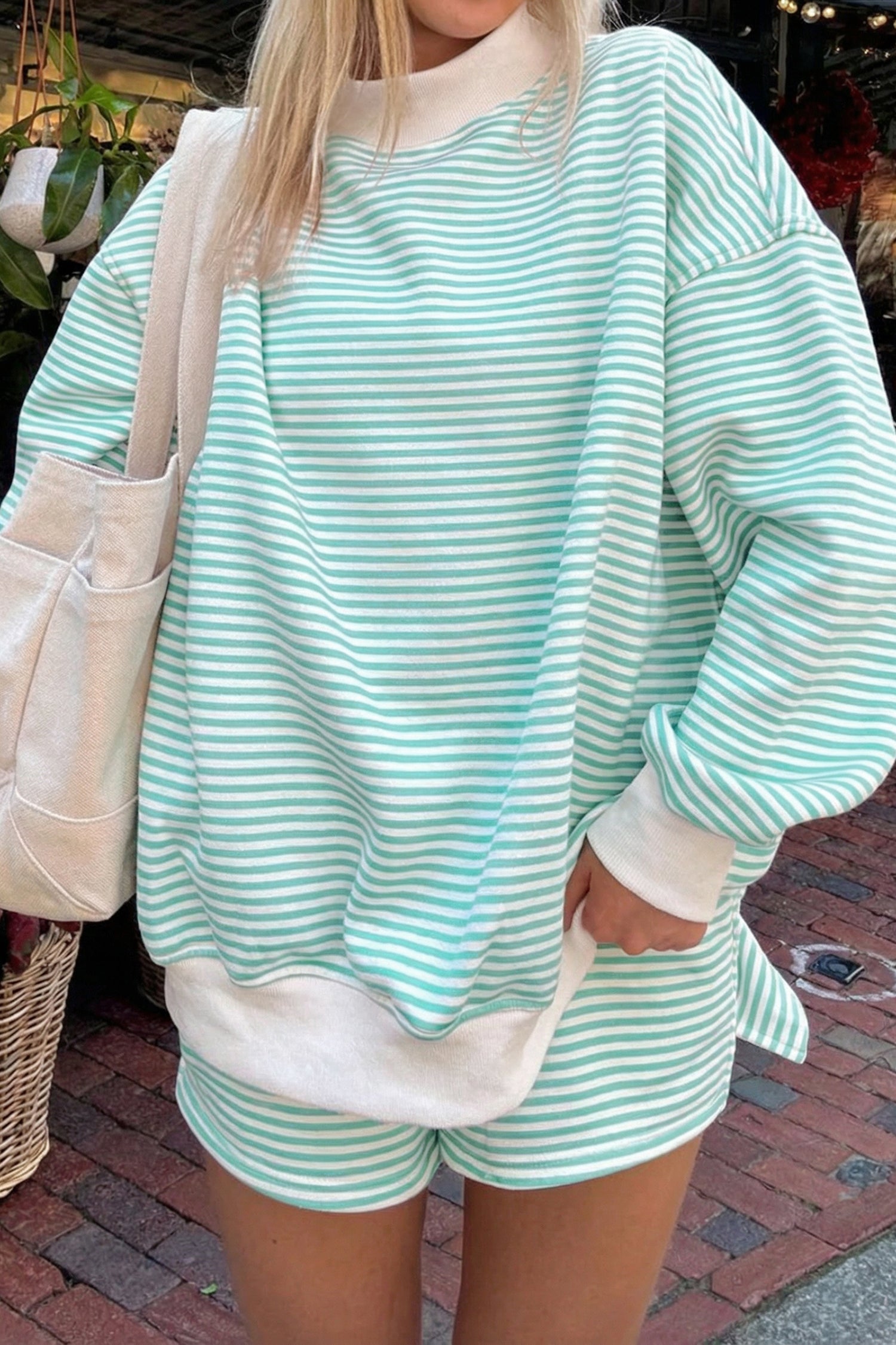 Stripe Oversize Mock Neck Sweatshirt and Shorts Set