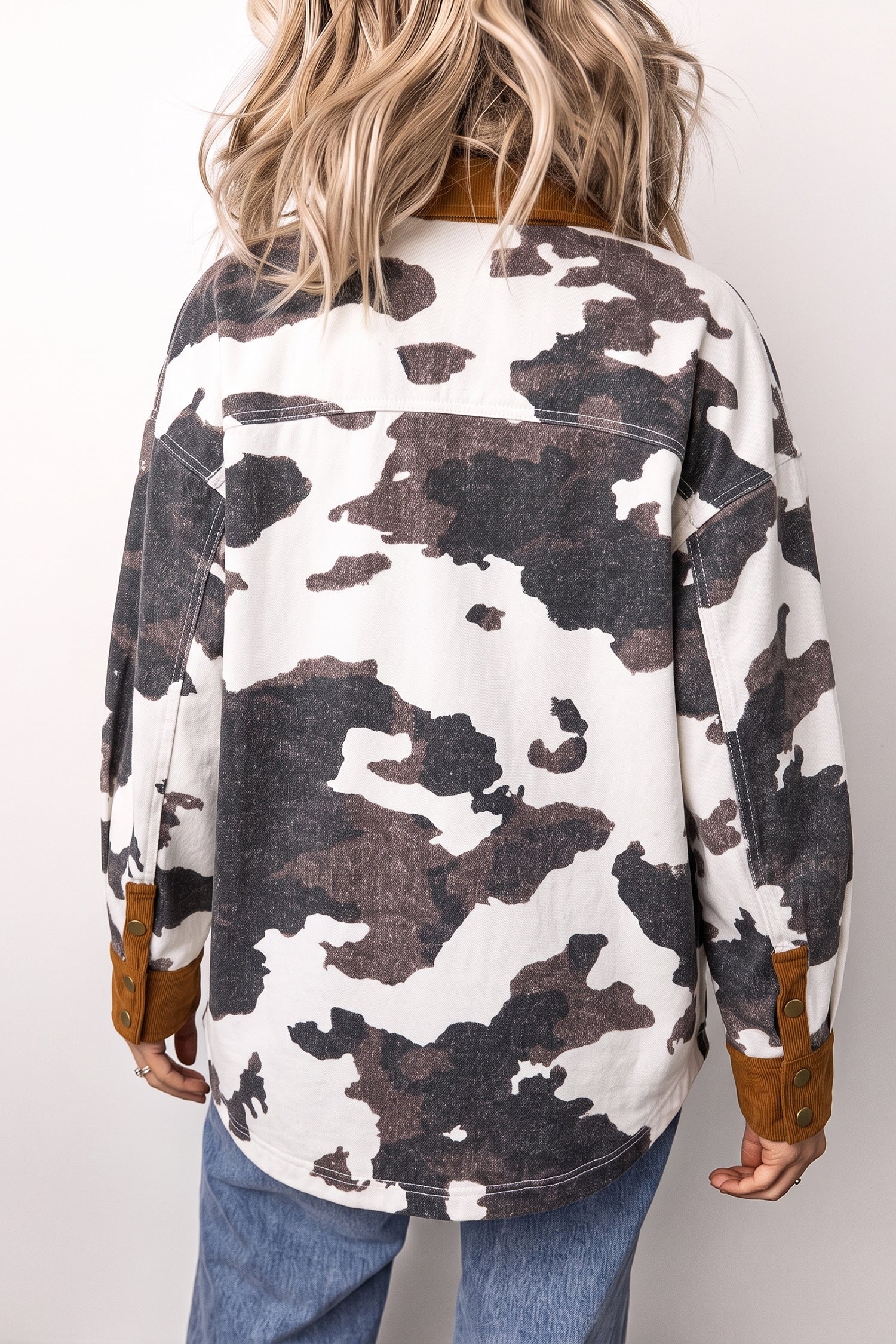 Western Cow Print Long Sleeve Button-Up Denim Jacket – Multicolour