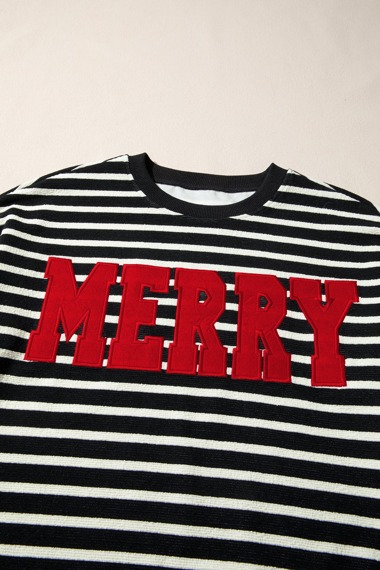 Black Stripe Contrast MERRY Letter Christmas Print Drop Shoulder Sweatshirt - eAura