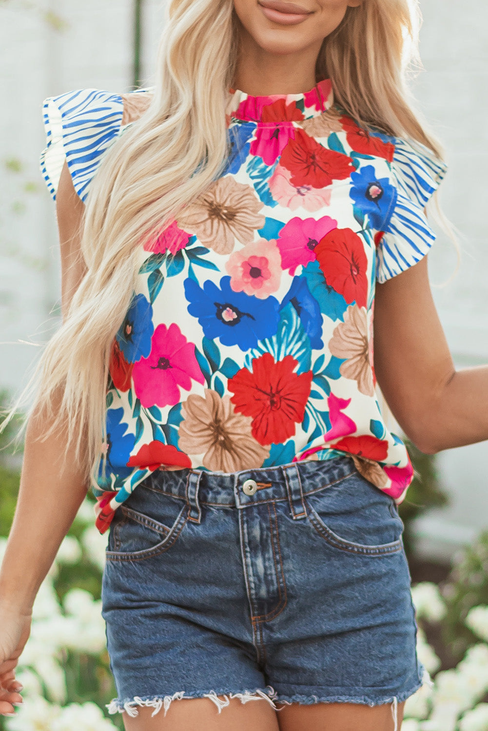 Sky Blue Floral Mock Neck Striped Flutter Sleeve Blouse eAura