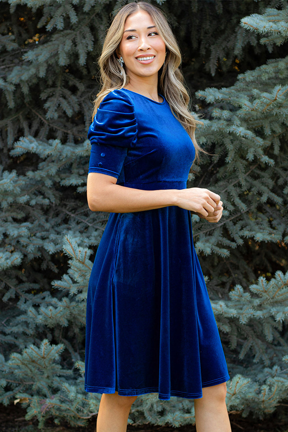 Sail Blue Velvet Ruched Short Sleeve Pocketed Mini Dress Beagle Boutique Fashion Outlet