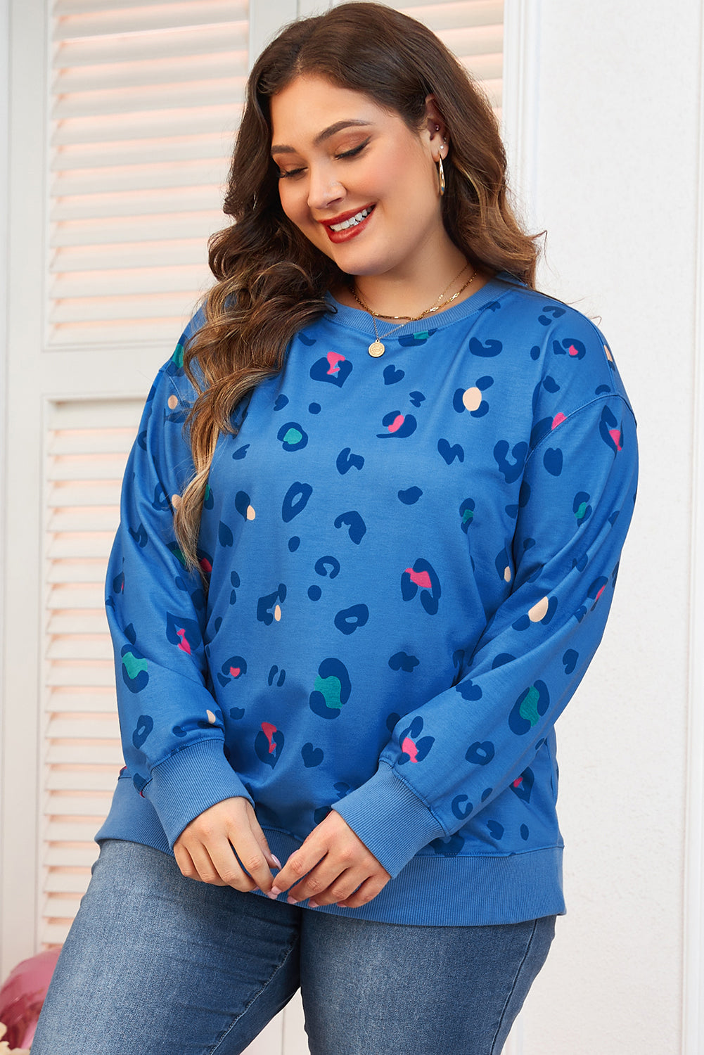 Sky Blue Leopard Ribbed Edge Drop Shoulder Pullover Sweatshirt BB Fashion Outlet