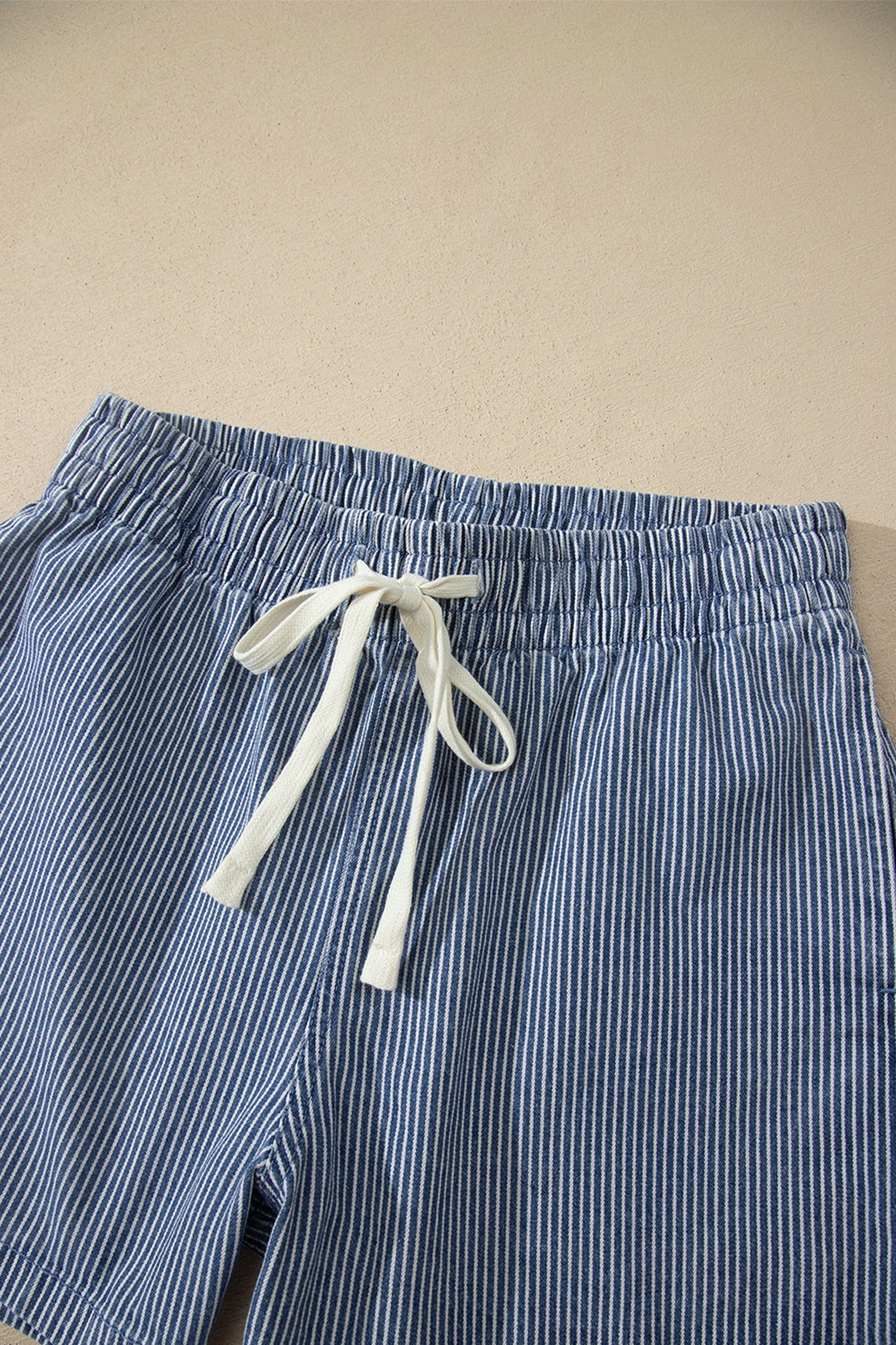 Drawstring Elastic Waist Casual Denim Shorts – Sky Blue Stripe