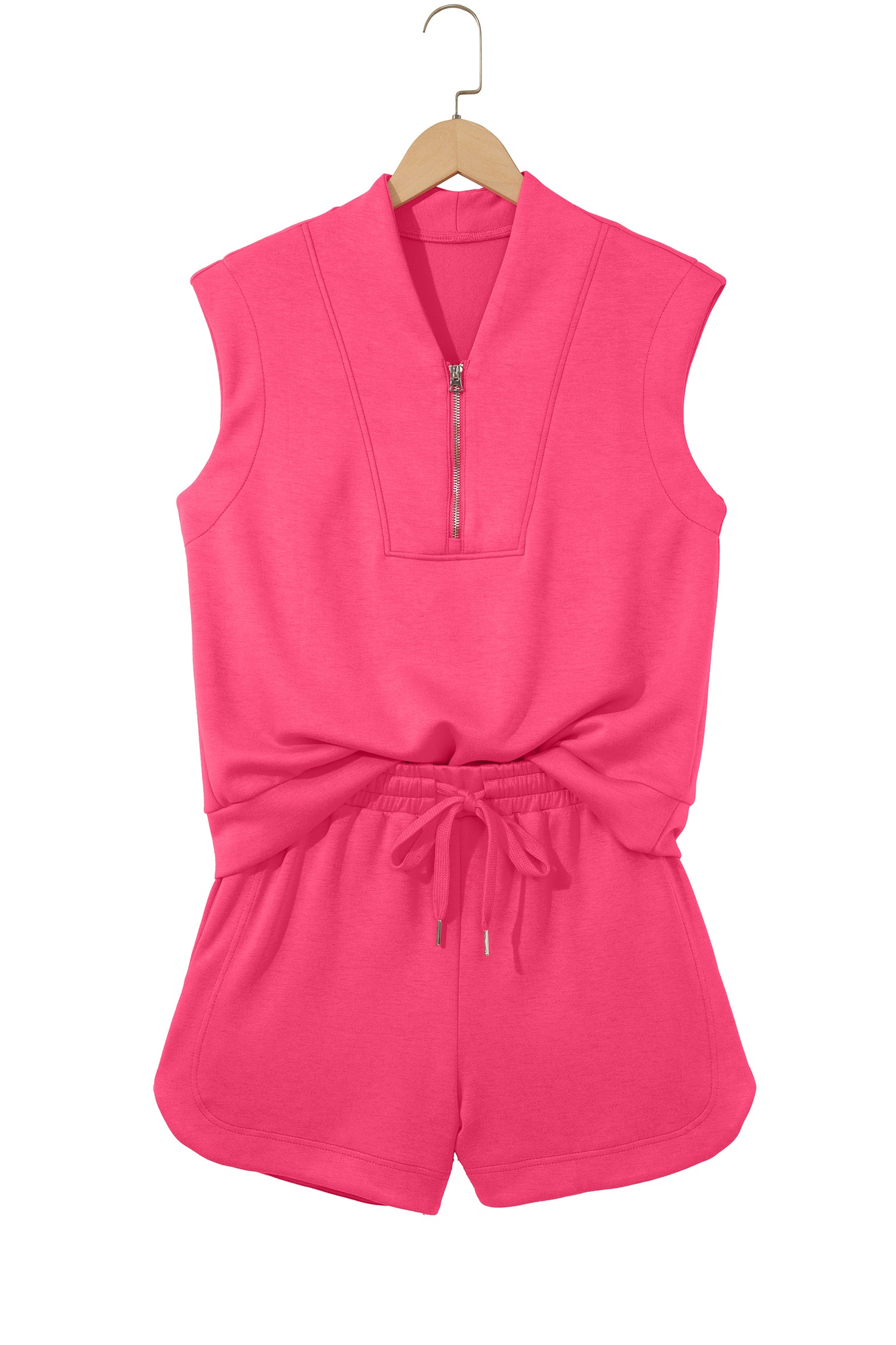 Quarter Zip Sleeveless Top Drawstring Shorts Casual 2pcs Outfit – Fiery Red