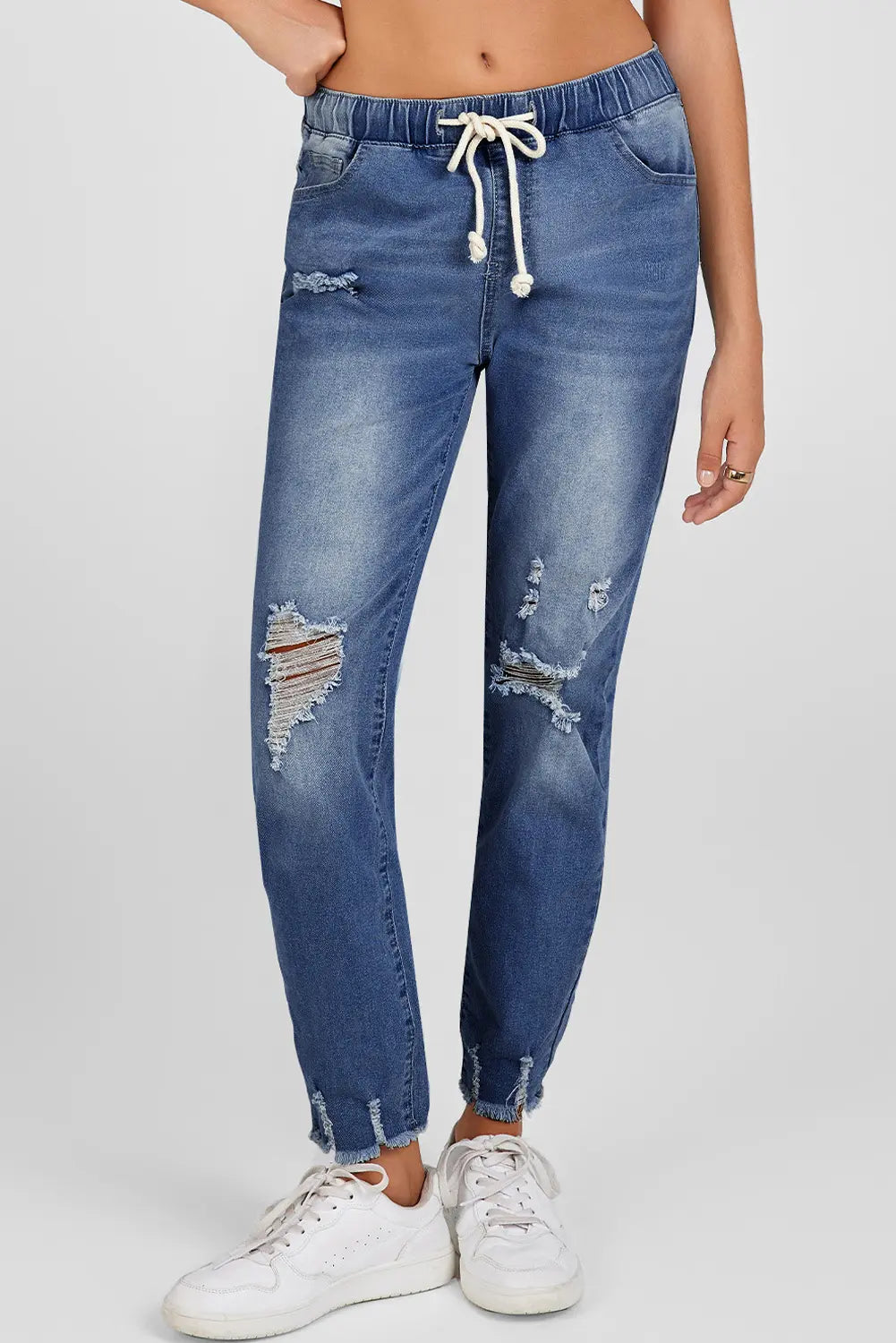 Elastic Waist Straight Leg Destroyed Raw Hem Jeans – Dark Blue