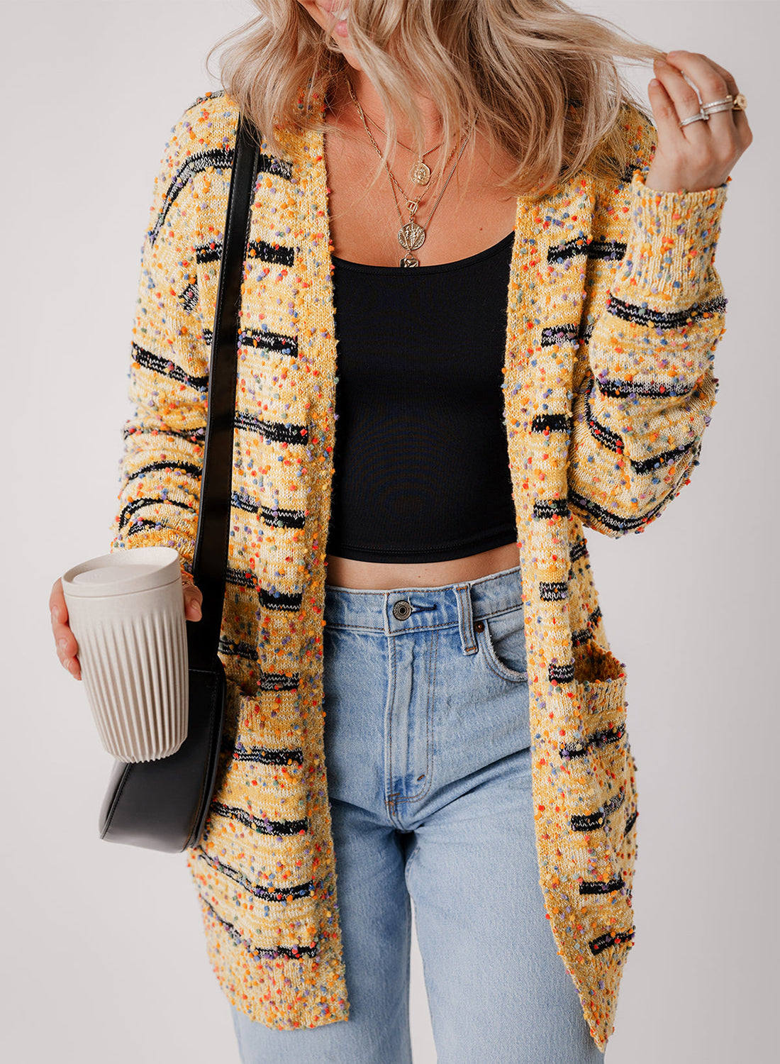 Beige Striped Pom Pom Knit Open Front Long Cardigan eAura