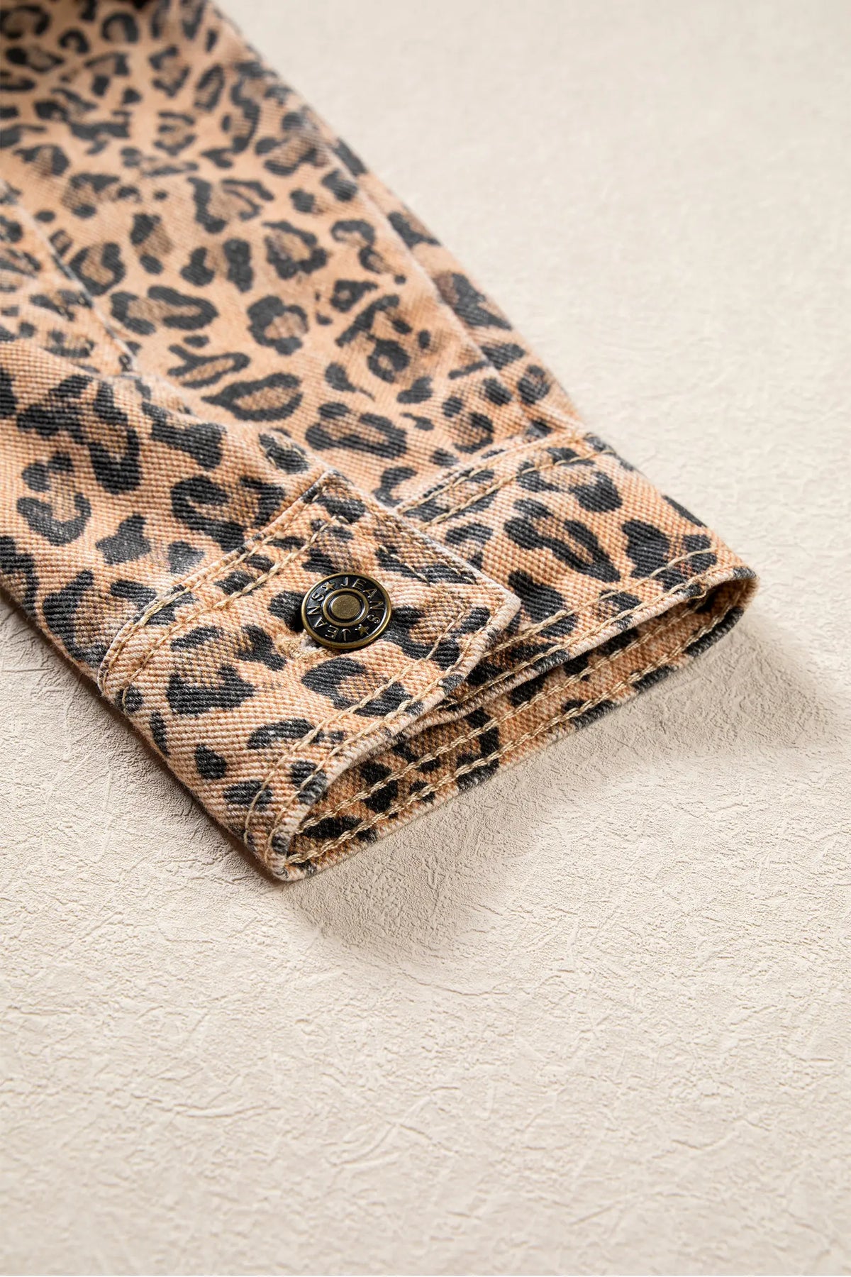 Leopard Print Collar Long Sleeve Patch Pocket Shift Denim Jacket – Khaki