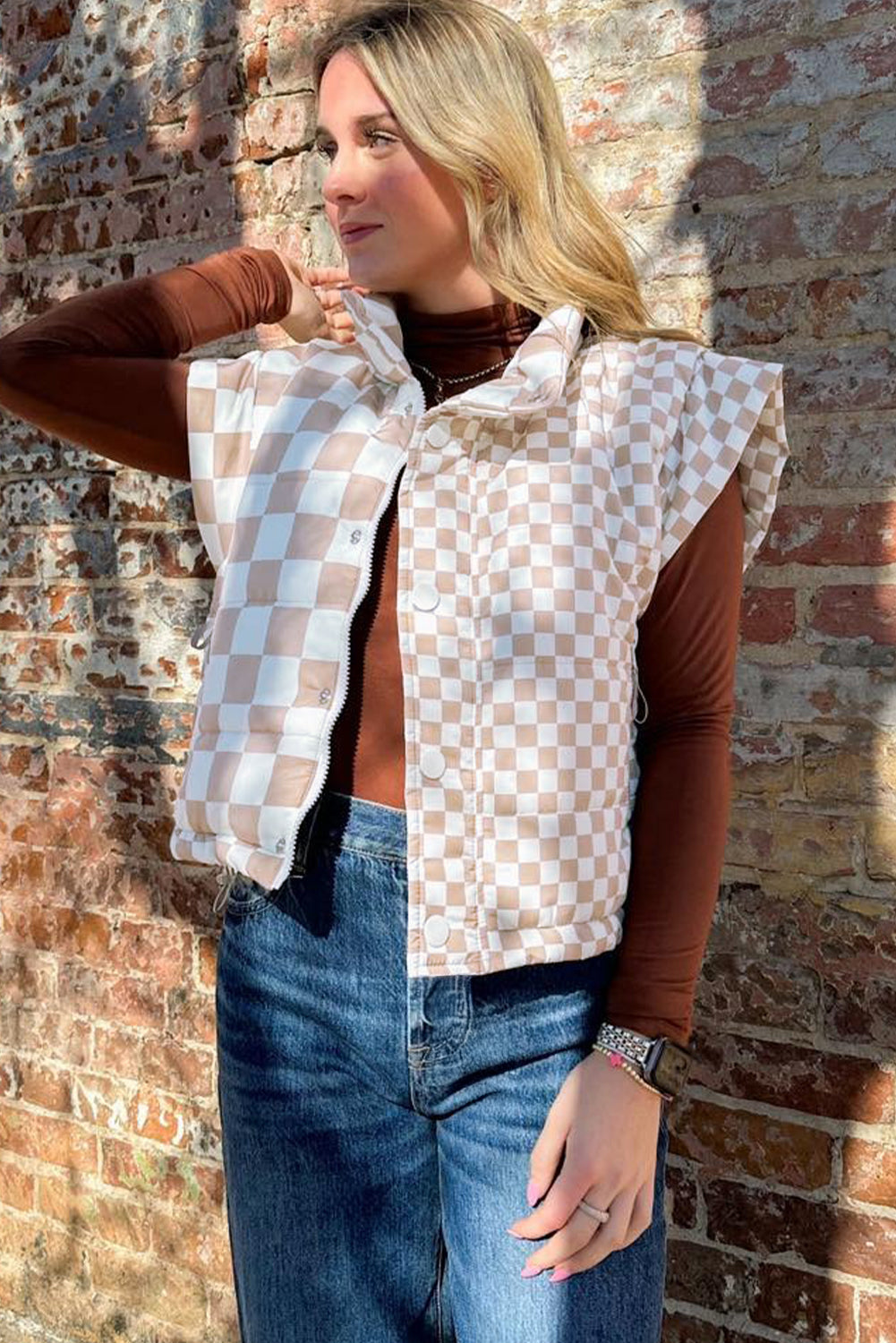 Contrast Plaid Quilted Button Zip-Up Vest - eAura