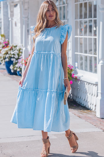 Knot Back Ruffled Short Sleeve Gingham Maxi Dress