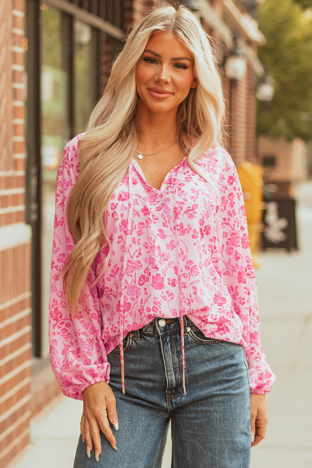 Pink Floral Puff Sleeve Split Neck Lightweight Blouse - eAura