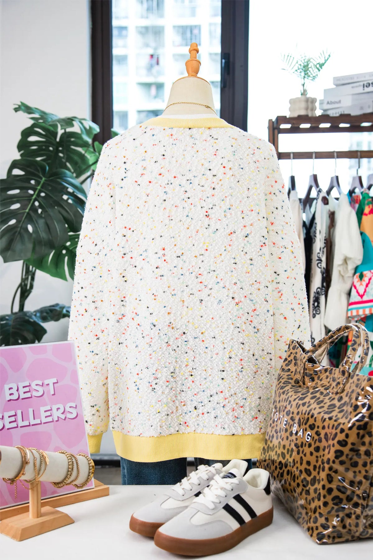 Cardigan Relaxed Oversized Confetti Knit with Contrast Ribbed Cuffs