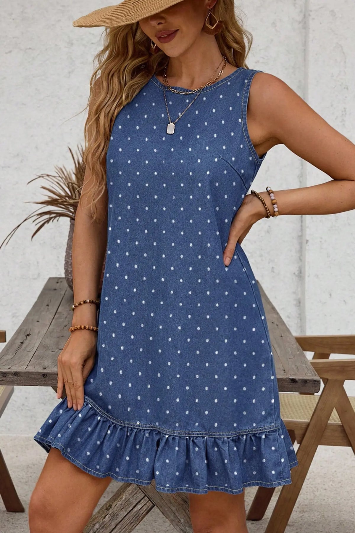 Polka Dot Ruffle Hem Sleeveless Denim Mini Dress – Blue