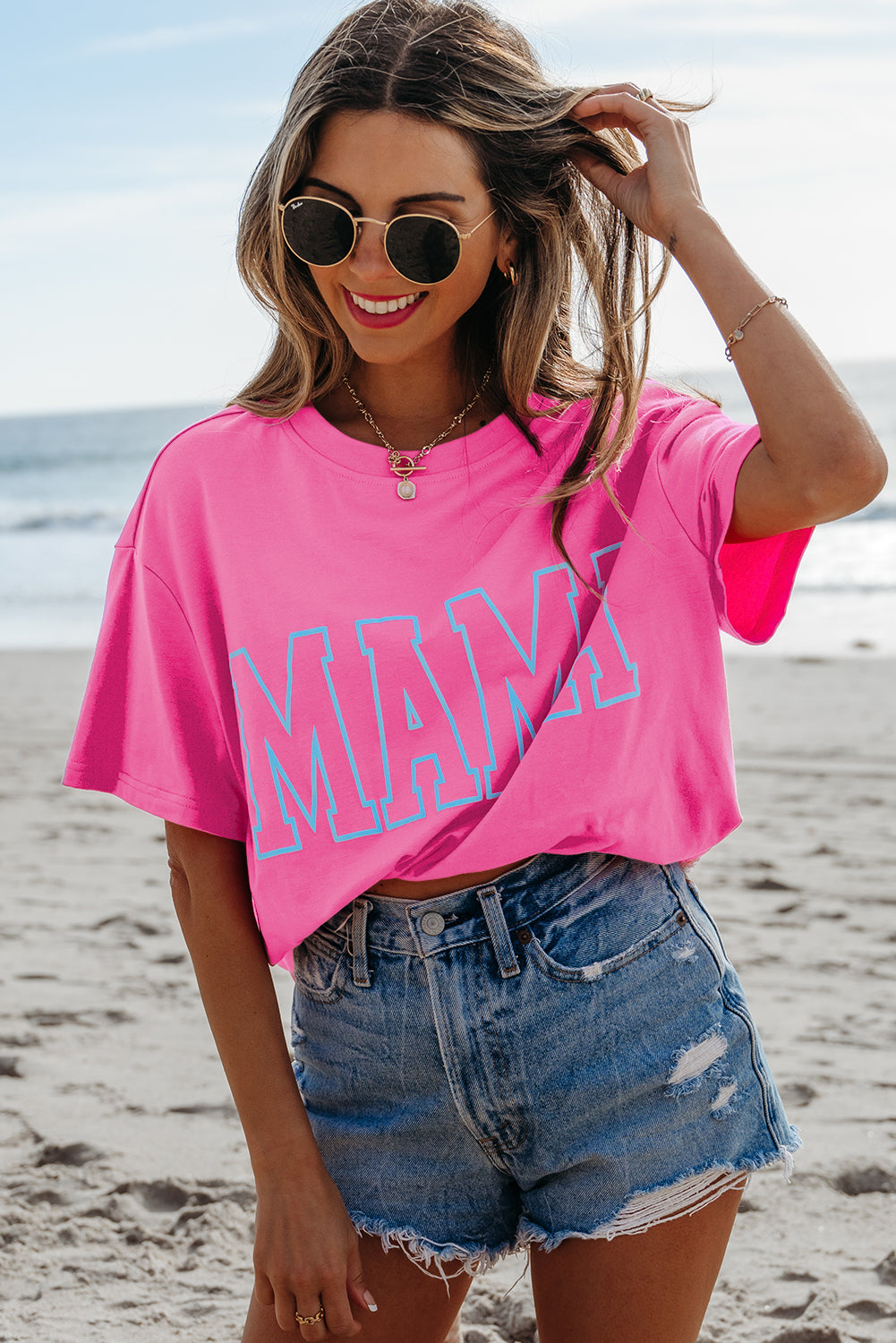 Bright Pink MAMA Letter Graphic Neon T Shirt eAura