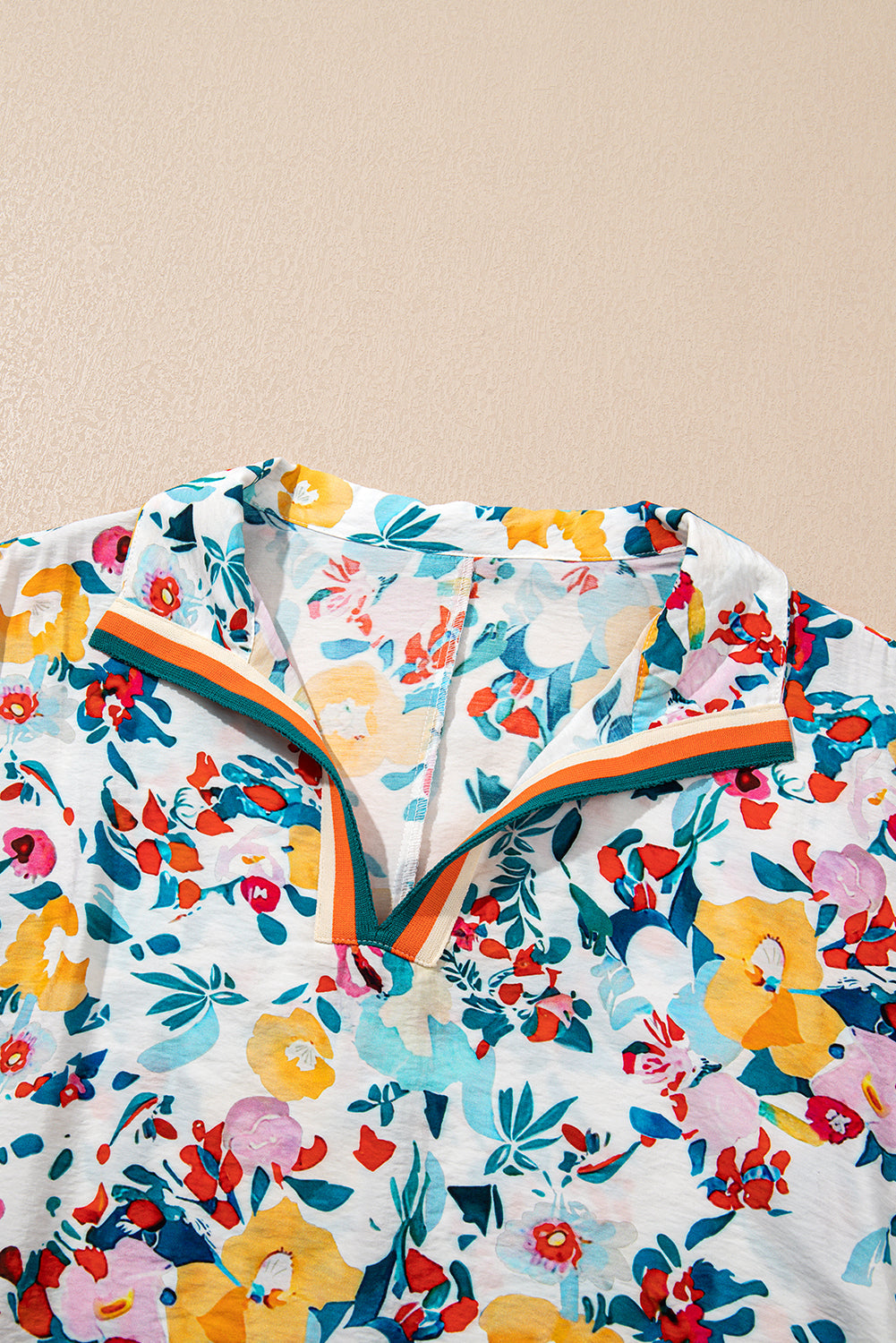 Peacock Blue Floral Print Slit V Neck Short Sleeve Blouse eAura