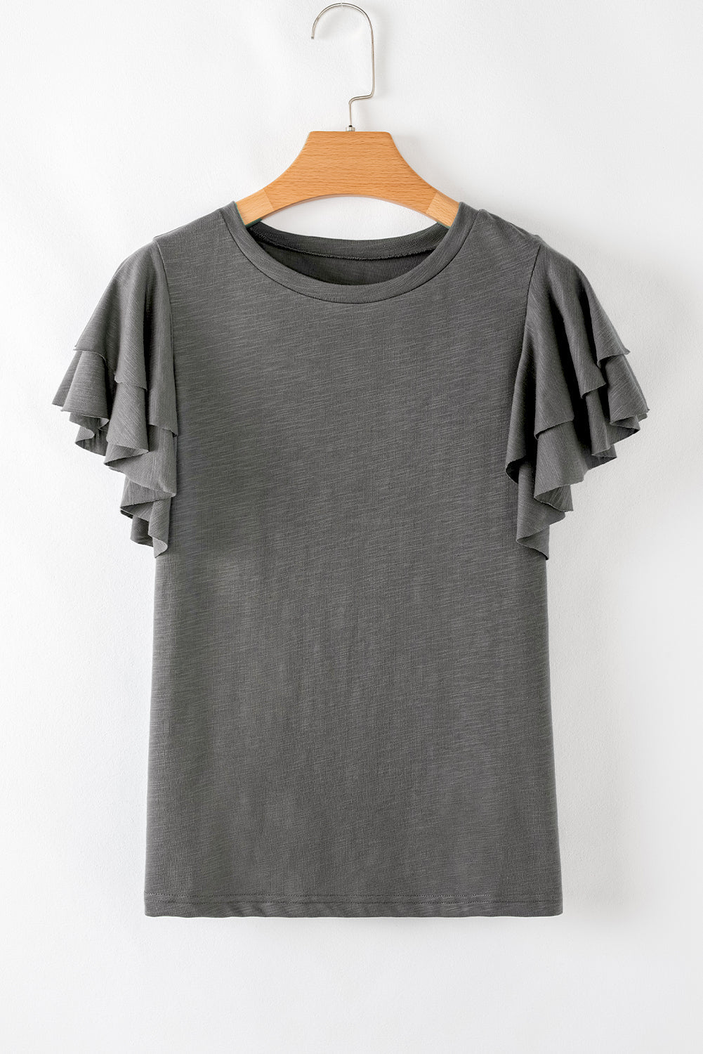 Dark Grey Layered Ruffle Short Sleeve Round Neck Top eAura