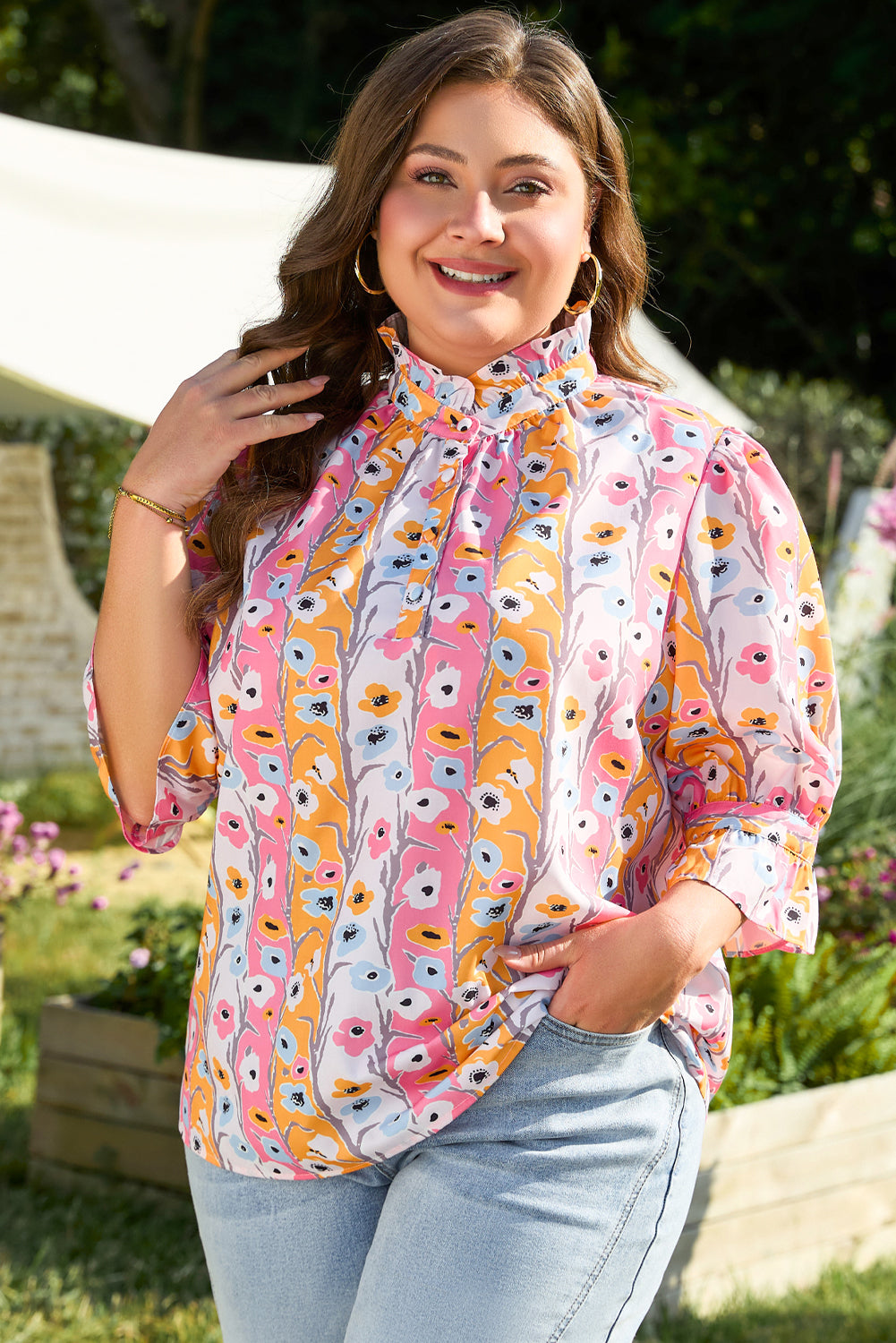 Pink Floral Ruffled Collar Bracelet Sleeve Plus Size Blouse Top BB Fashion Outlet