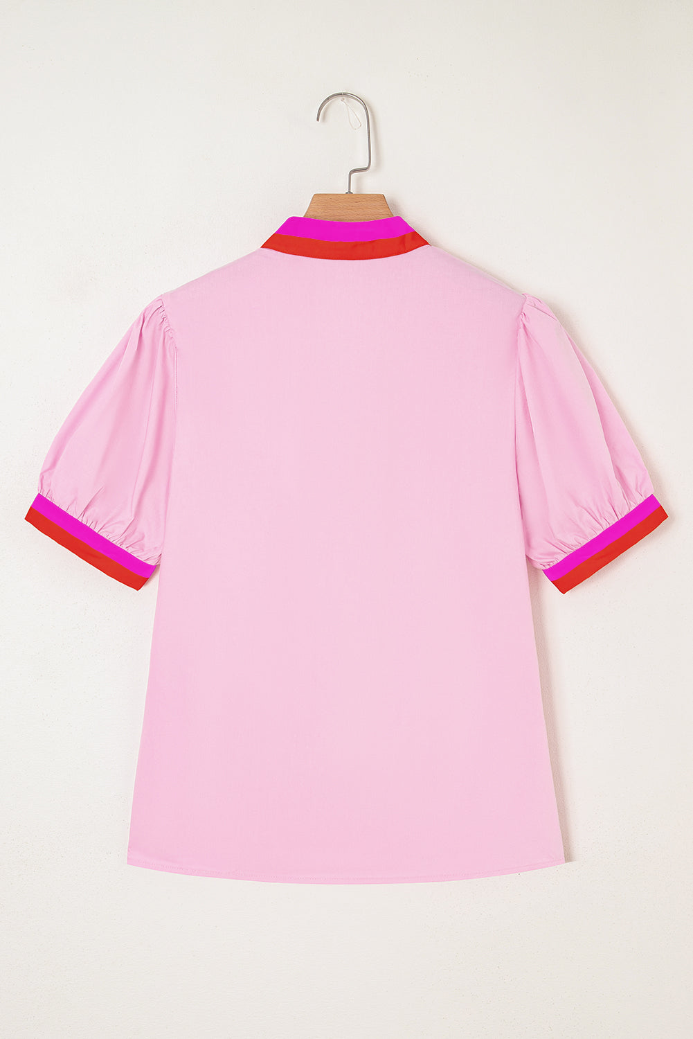 Contrast Striped V Neck Collision Short Puff Sleeve Blouse eAura