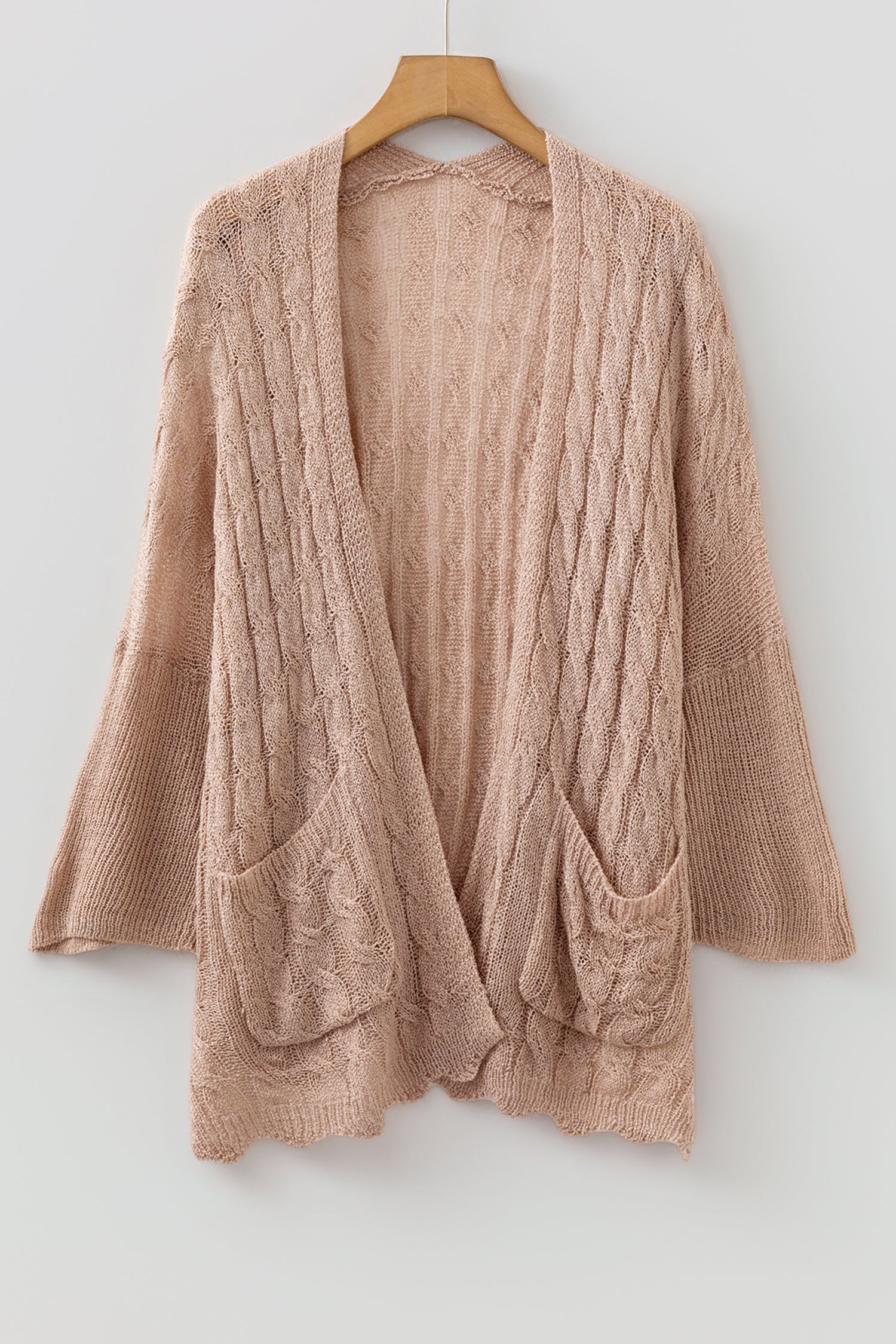 Hollowed Pattern Knit Drop Shoulder Open Sweater Cardigan – Old Rose