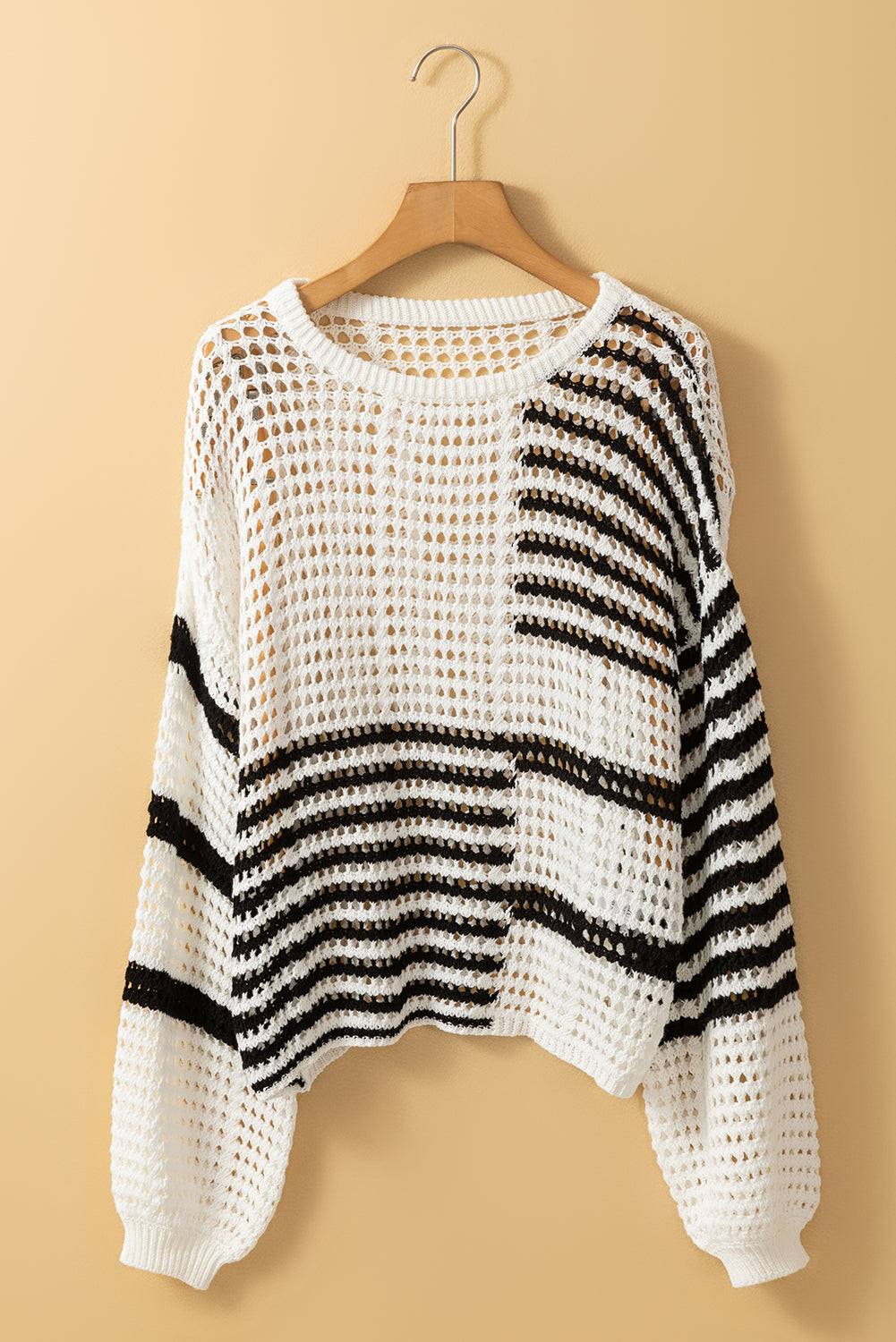 White Stripe Contrast Striped Crochet Puff Sleeve Sweater eAura