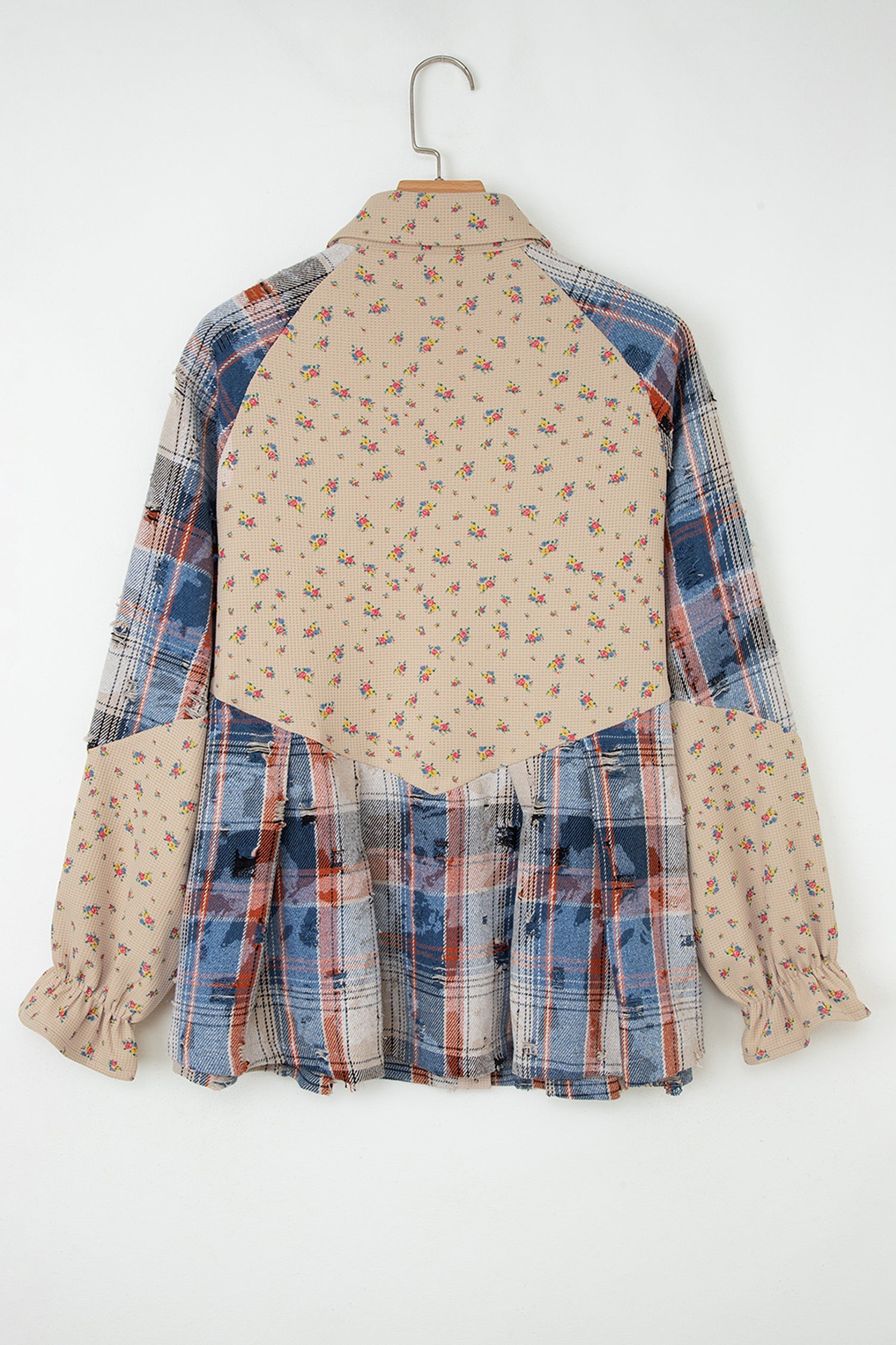 Boho Floral Plaid Patchwork Distressed Detail Ruffled Sleeve Waffle Shacket - Outerwear/Jackets