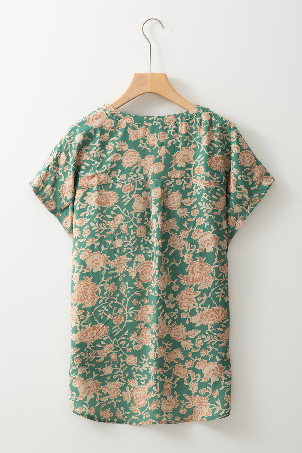 Green Floral Print Pleated Buttoned V Neck Short Sleeve Blouse eAura