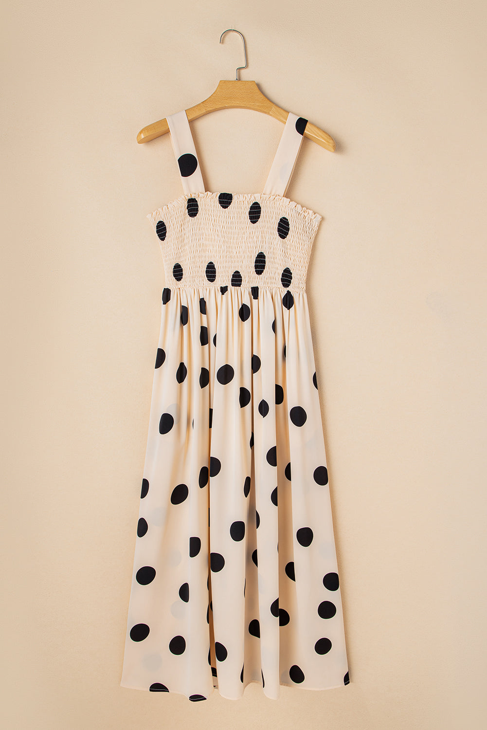 Oatmeal Polka Dot Smocked Fit Flared Sleeveless Long Dress eAura