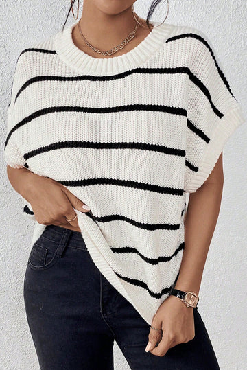 White Stripe Round Neck Batwing Sleeve Sweater eAura