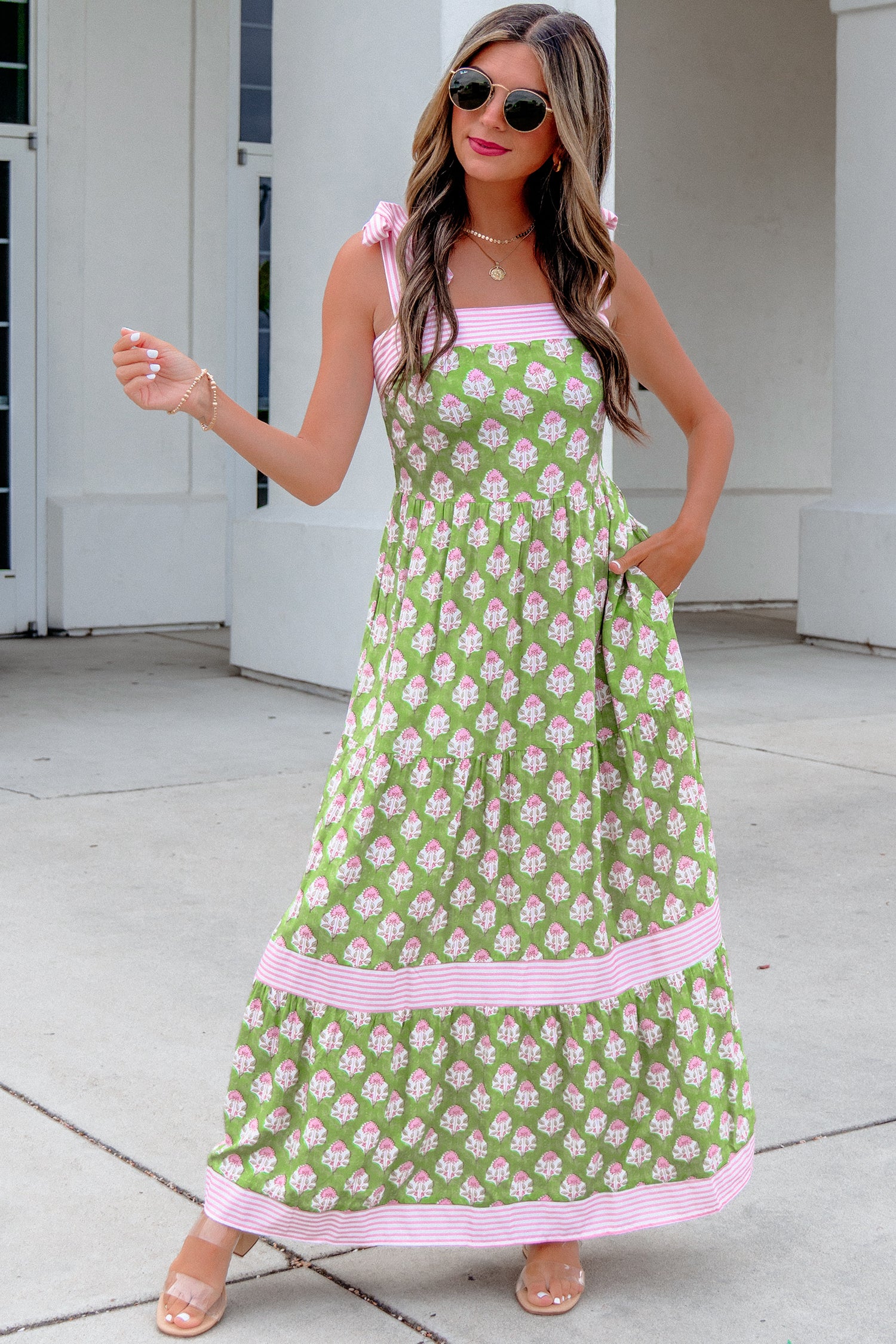 Floral Print Striped Knot Strap Maxi Dress – Green