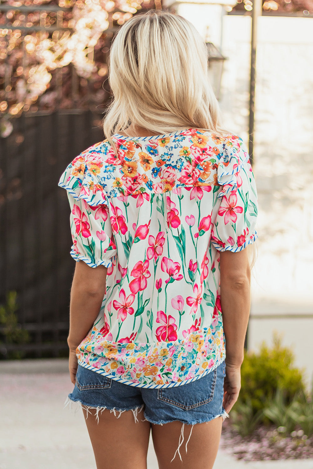 Pink Floral Print Striped Detail Split Neck Short Sleeve Blouse eAura