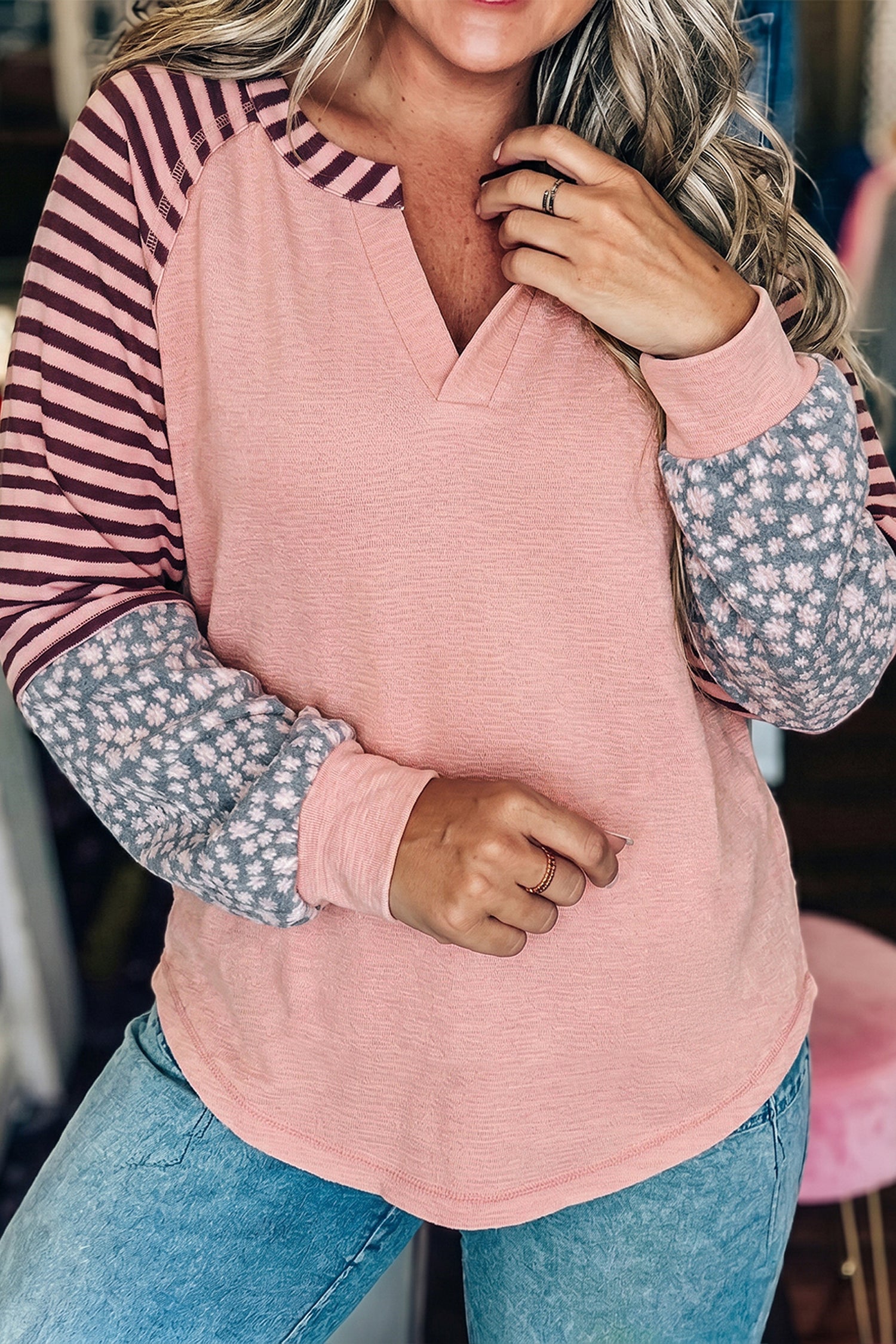 V Neck Colorblock Patchwork Striped Floral Long Sleeve Casual Top – Light Pink