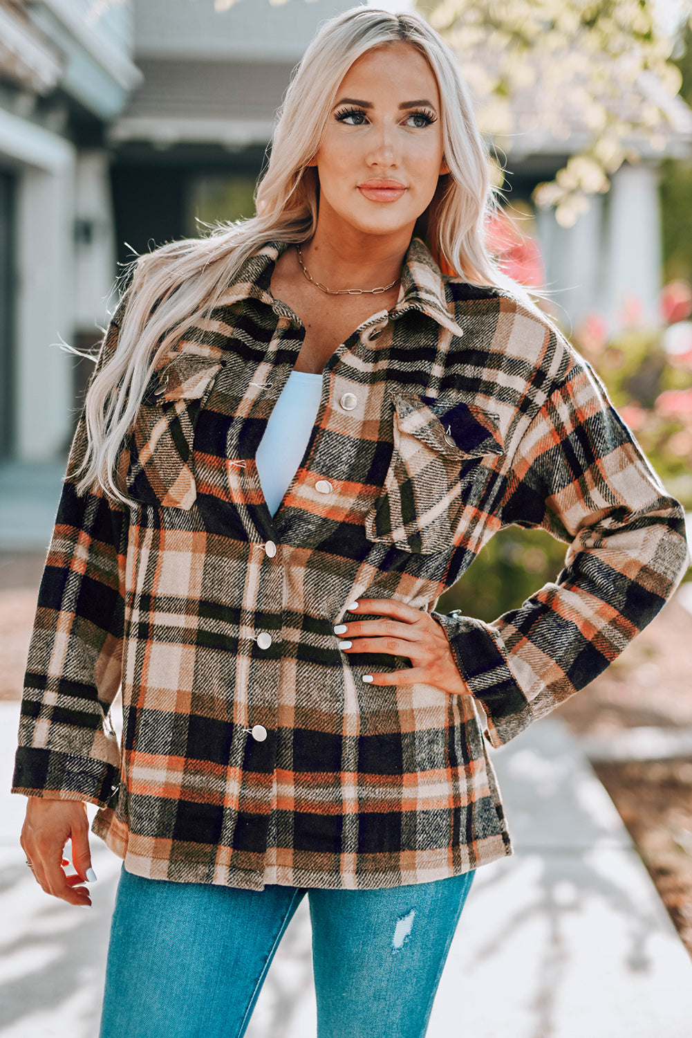 Geometric Plaid Print Pocketed Shacket eAura
