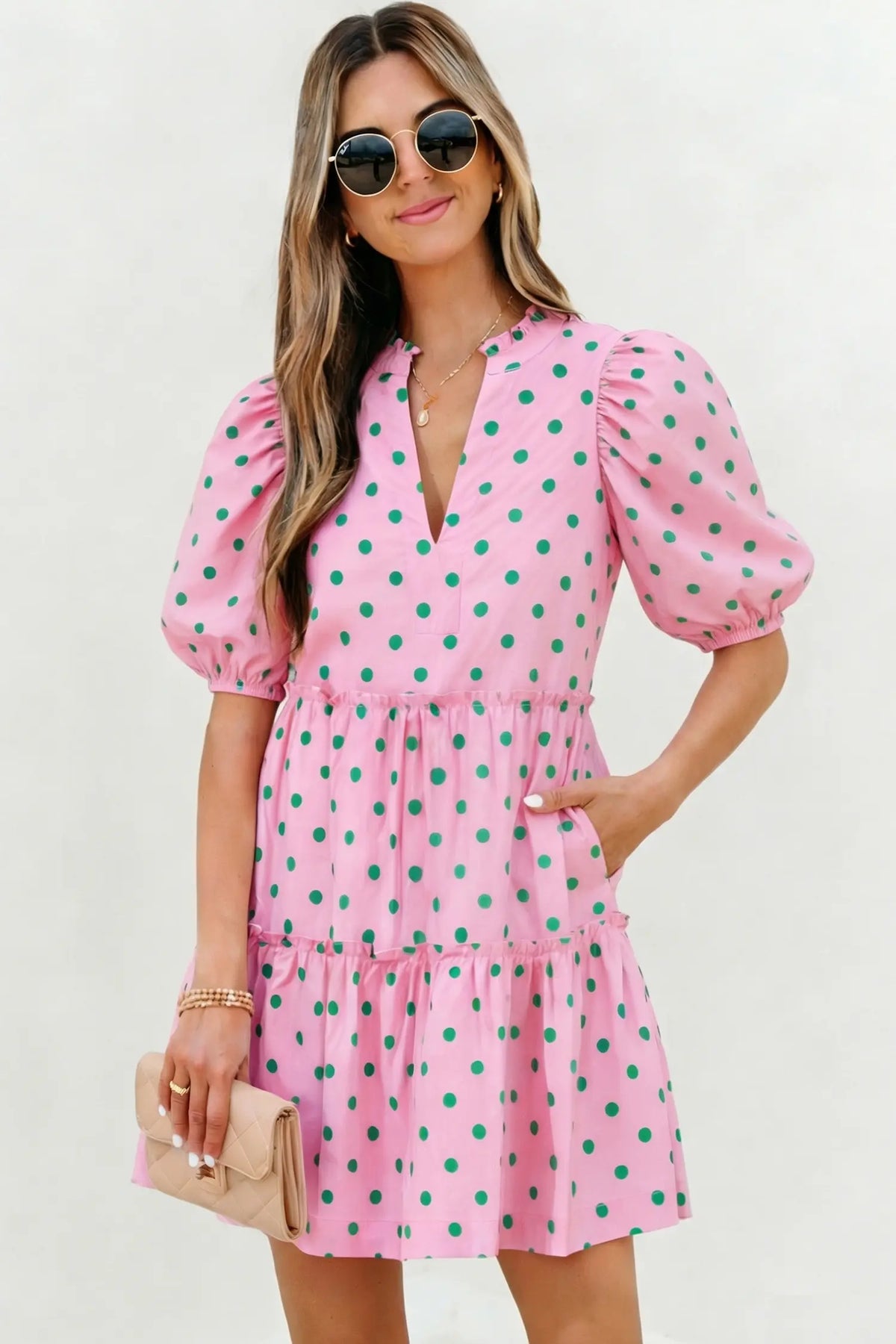Polka Dot Print V Neck Short Sleeve Tiered Mini Dress – Pink