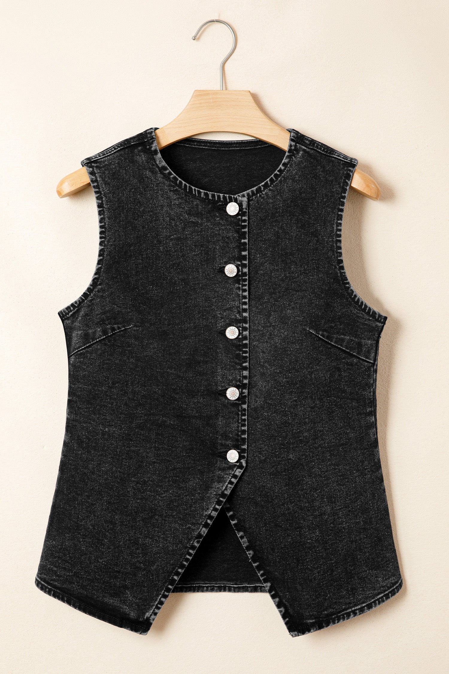 Buttoned Front Slit Denim Vest – Black
