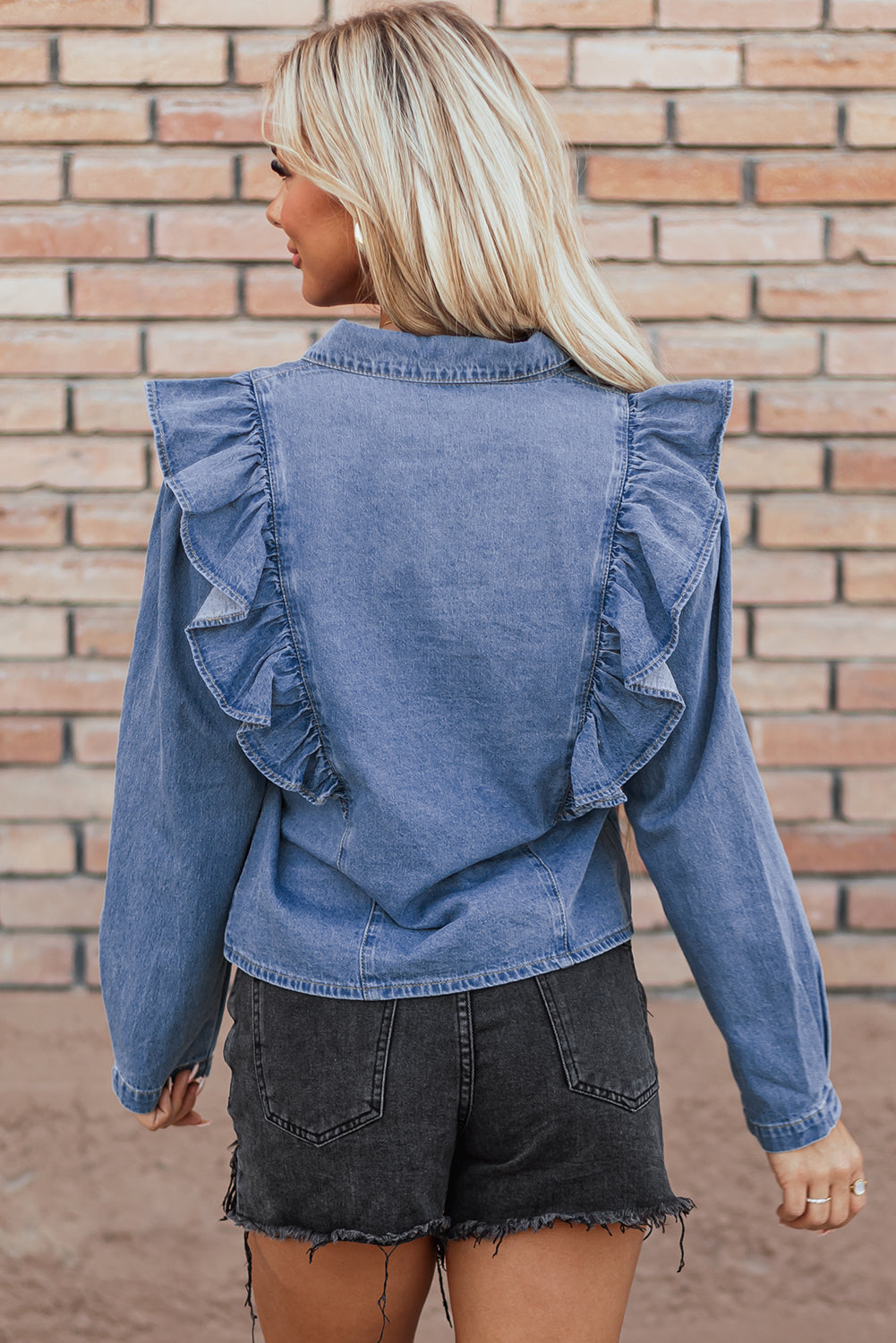 Dusk Blue Denim Ruffled Casual Top eAura