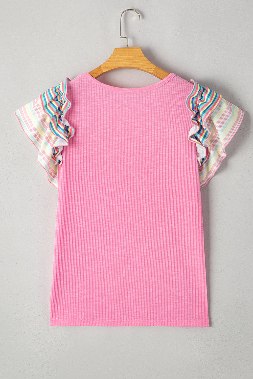 Bonbon Striped Ruffle Flutter Sleeve Ribbed Blouse eAura