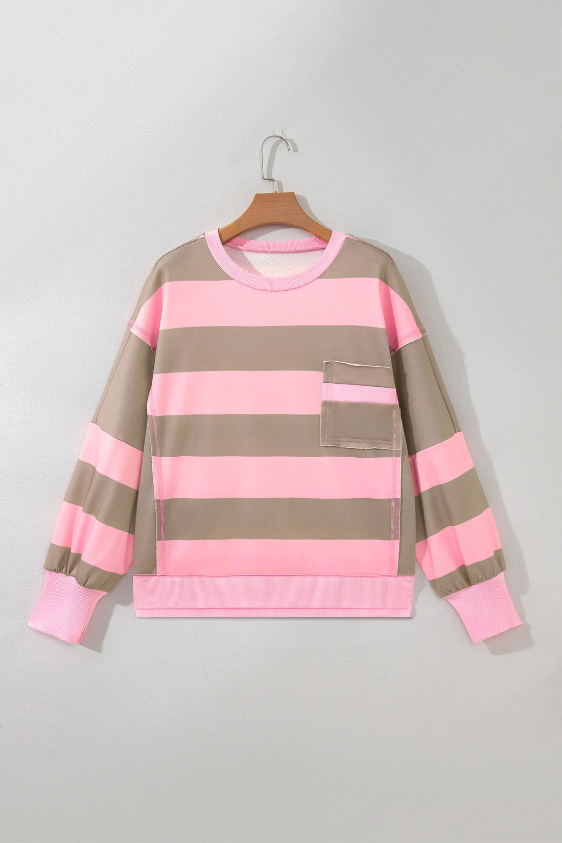 Striped Colourblock Patch Pocket Split Hem Oversized Long Sleeve Sweatshirt – Pink Stripe