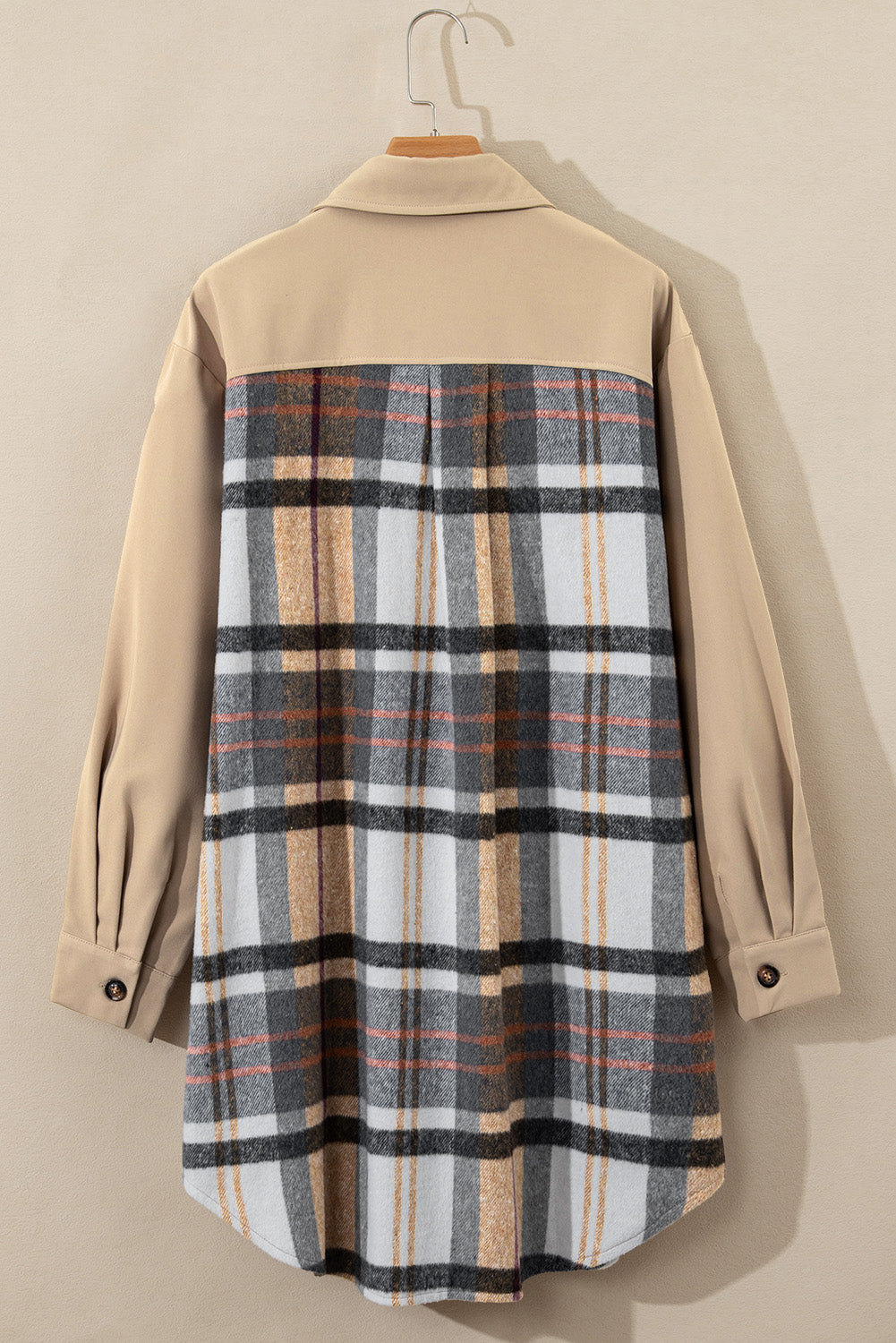 Khaki Plaid Patchwork Long Sleeve Shirt Mini Dress eAura