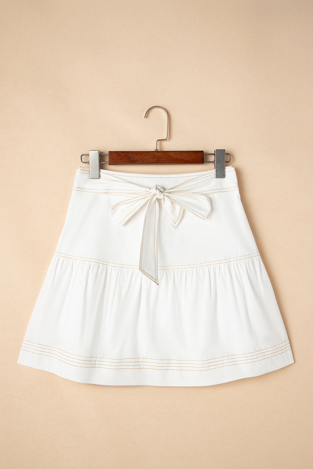 White Contrast Stitching Trim Knotted High Waist A-Line Mini Skirt eAura