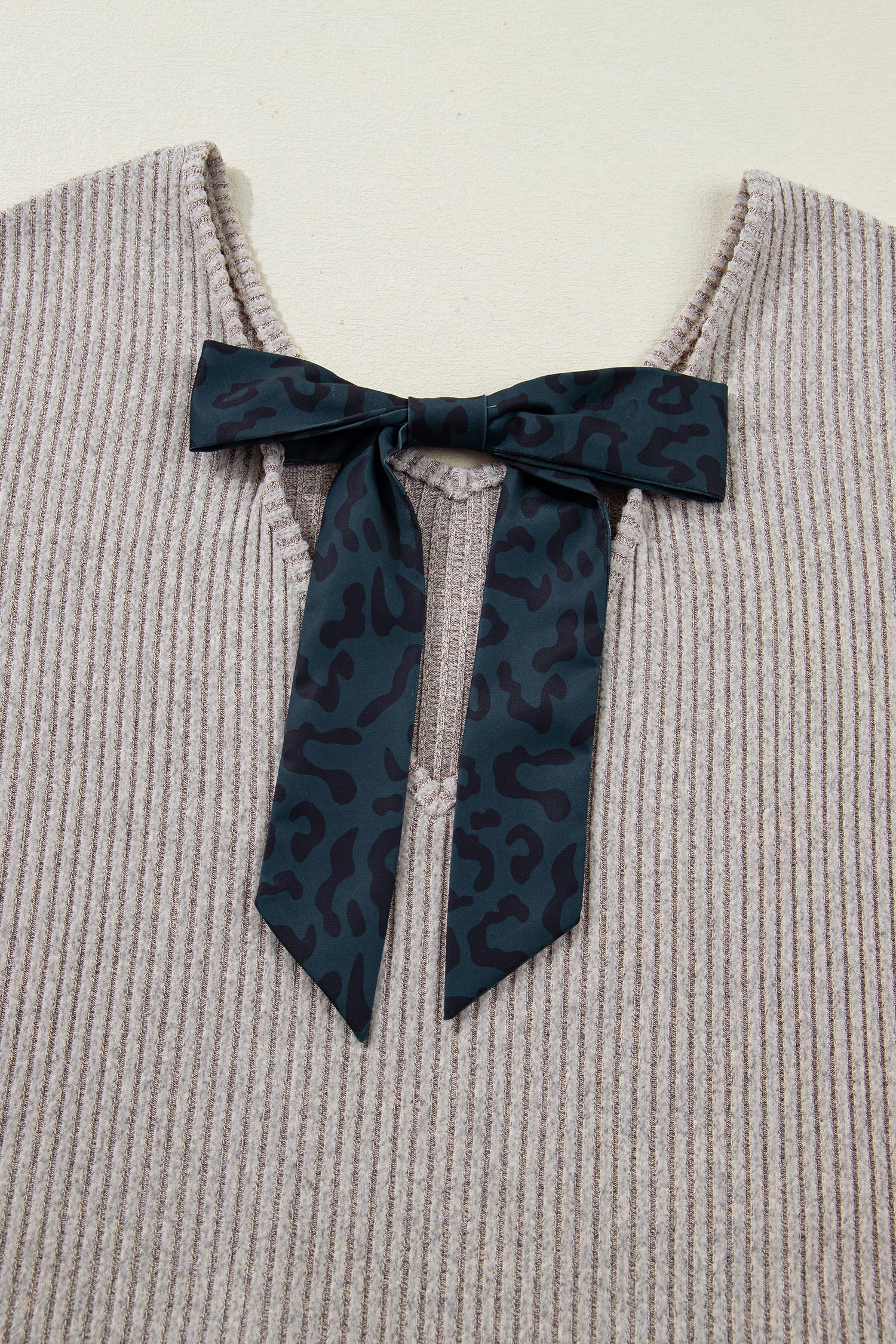 Ribbed V-Neck Ribbon Bow Back Drop Shoulder Long Sleeve Top - eAura