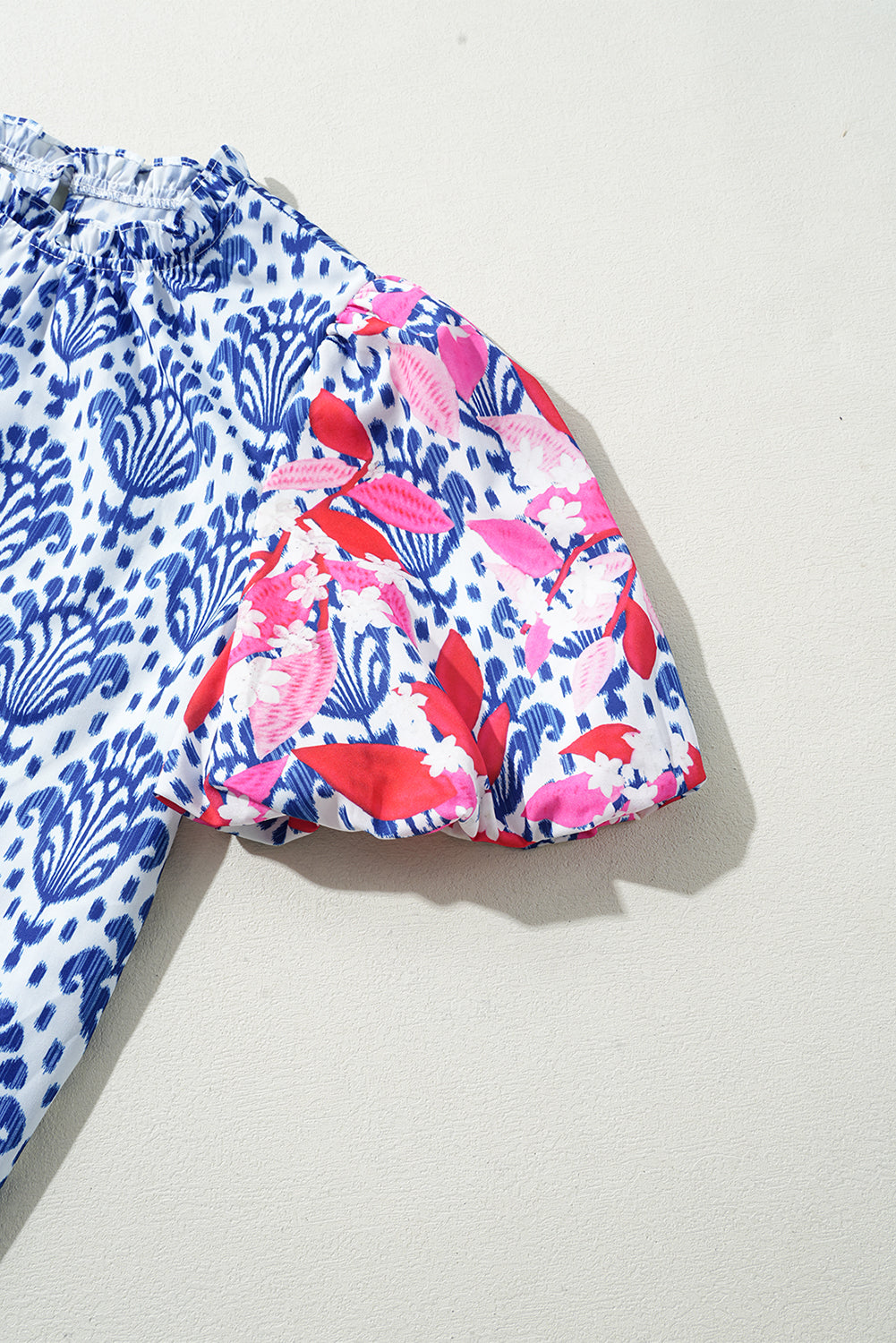Blue Western Fashion Print Floral Puff Sleeve Frilled Neck Blouse eAura