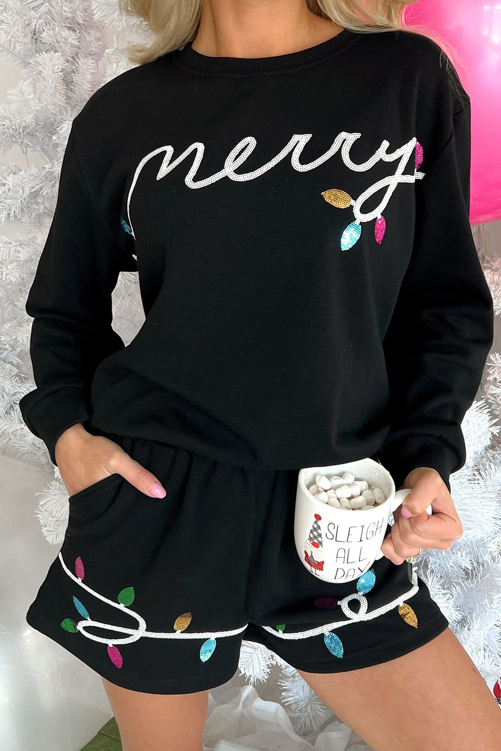 Black Sequin Merry Graphic Pullover and Shorts Loungewear Outfit - eAura