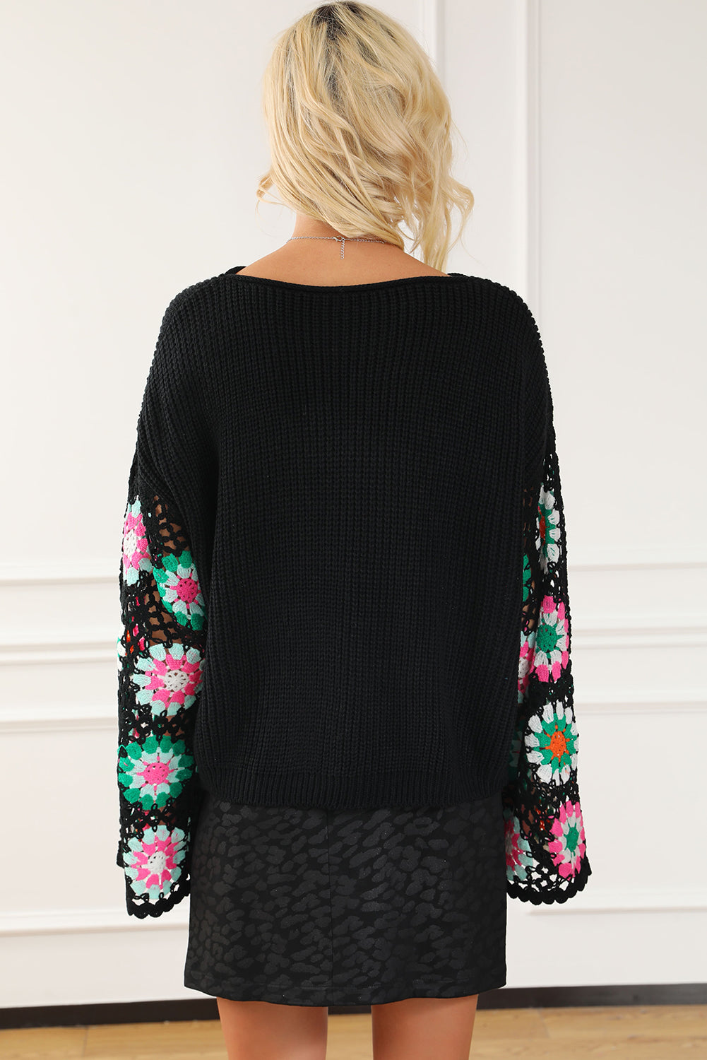 Black Floral Crochet Bell Sleeve Loose Sweater eAura