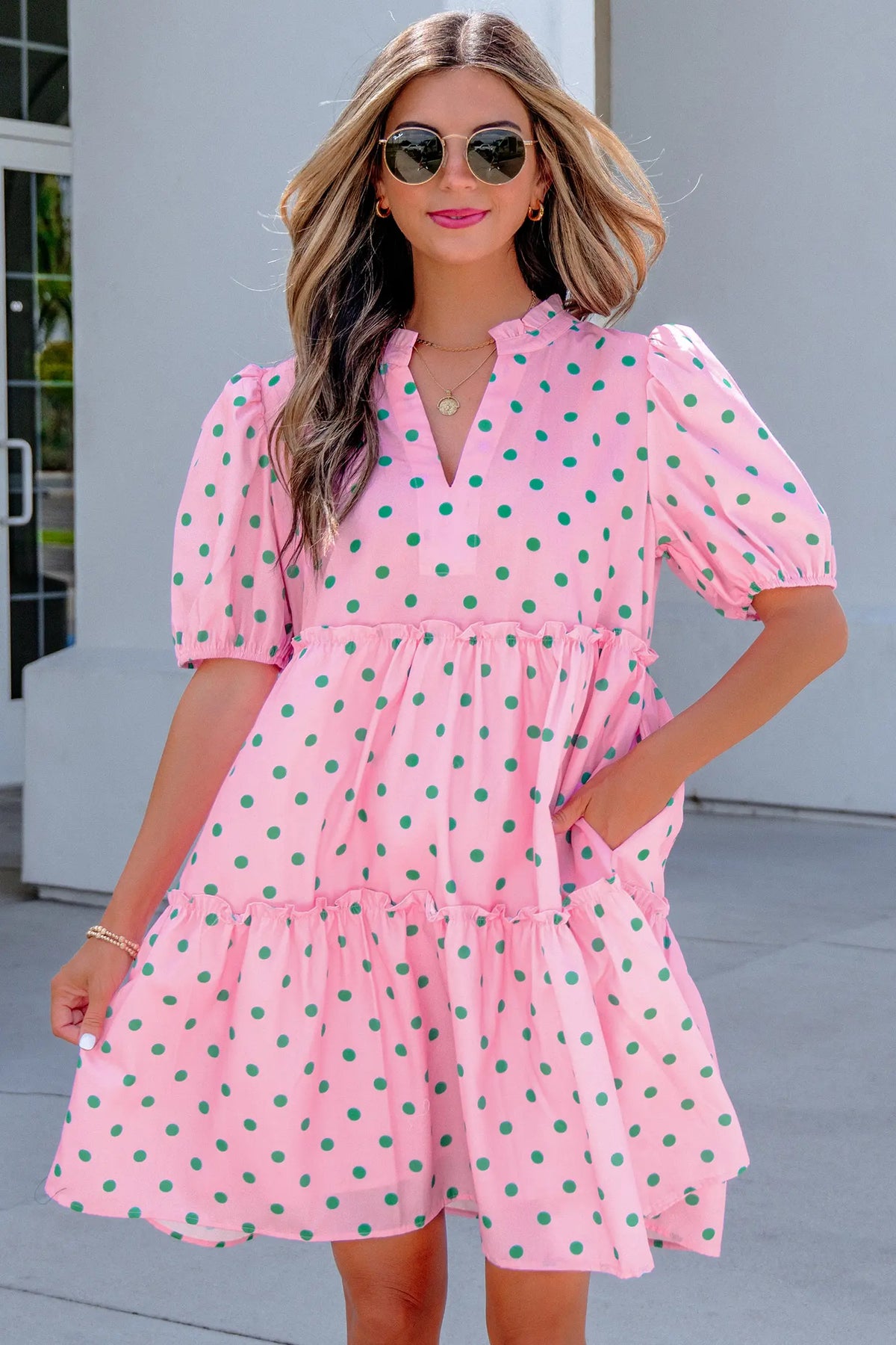 Polka Dot Print V Neck Short Sleeve Tiered Mini Dress – Pink