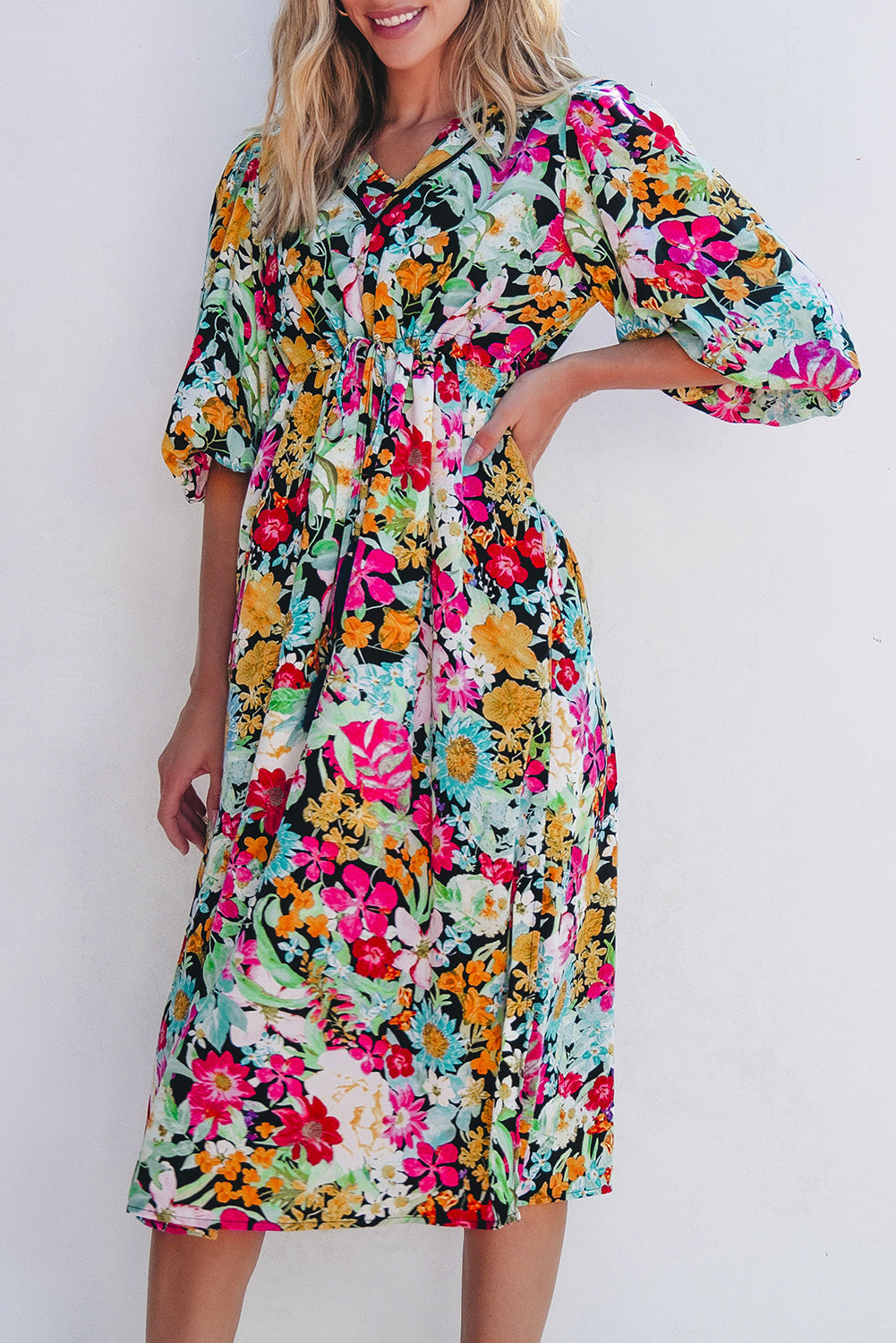 Green Floral Puff Sleeve V Neck Tassel Drawstring Dress eAura