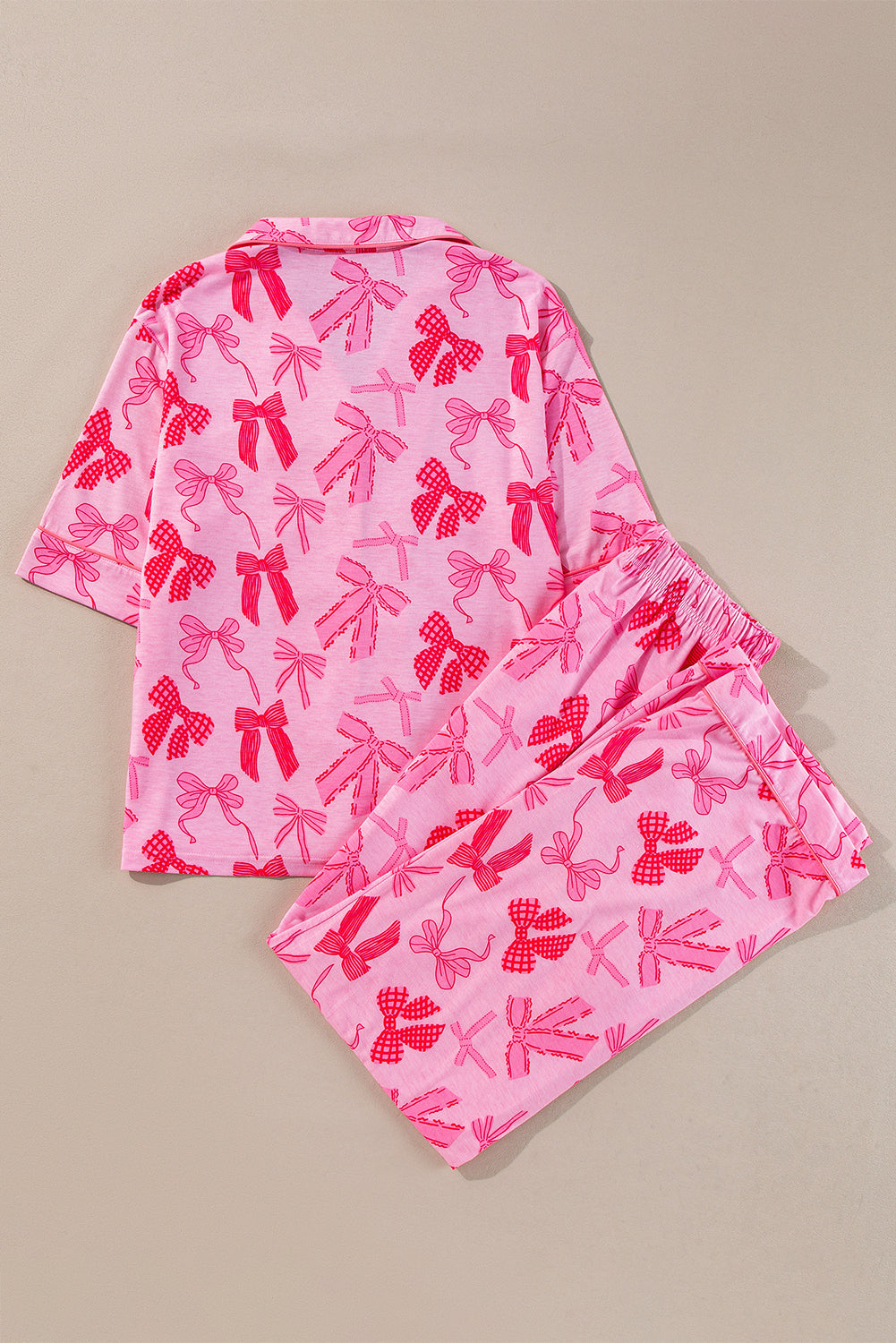 Pink Bow Knot Print Lapel Collar Short Sleeve and Pants Pyjamas Set Beagle Boutique Fashion Outlet