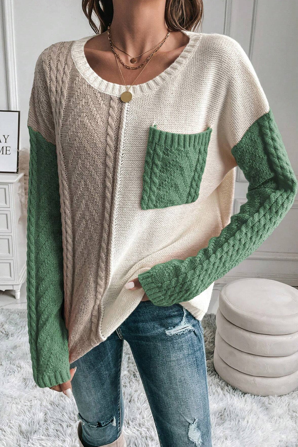 Rose Tan Colourblock Patched Pocket Drop Shoulder Sweater eAura