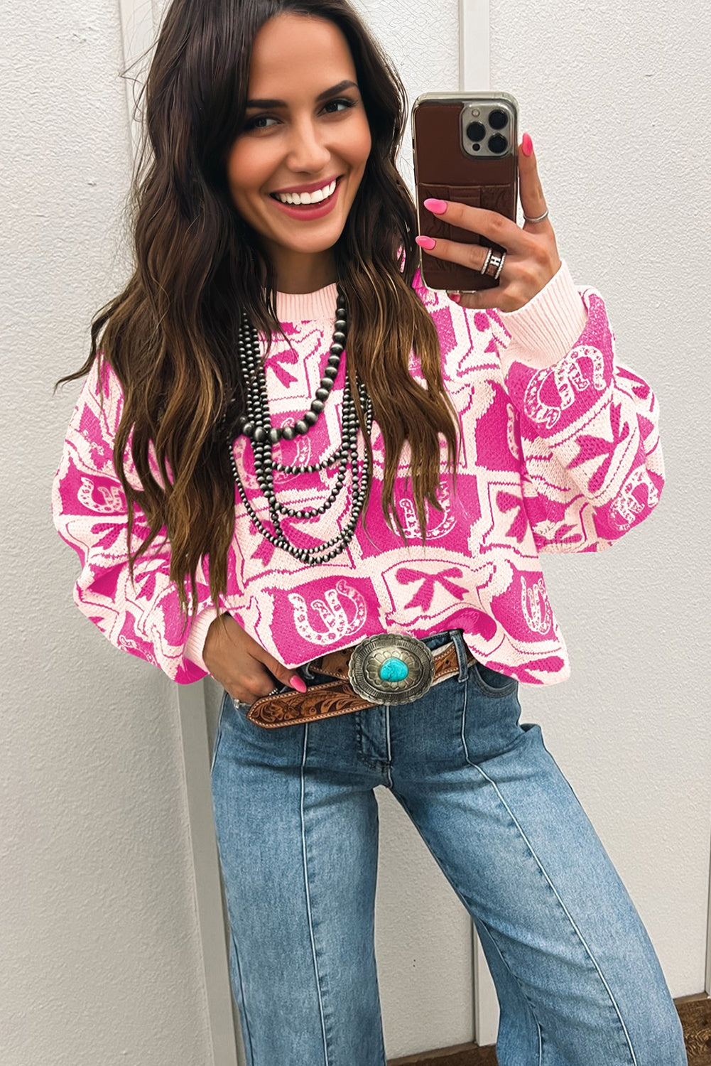 Bows & Horseshoes Pattern Western Fashion Print Sweater eAura